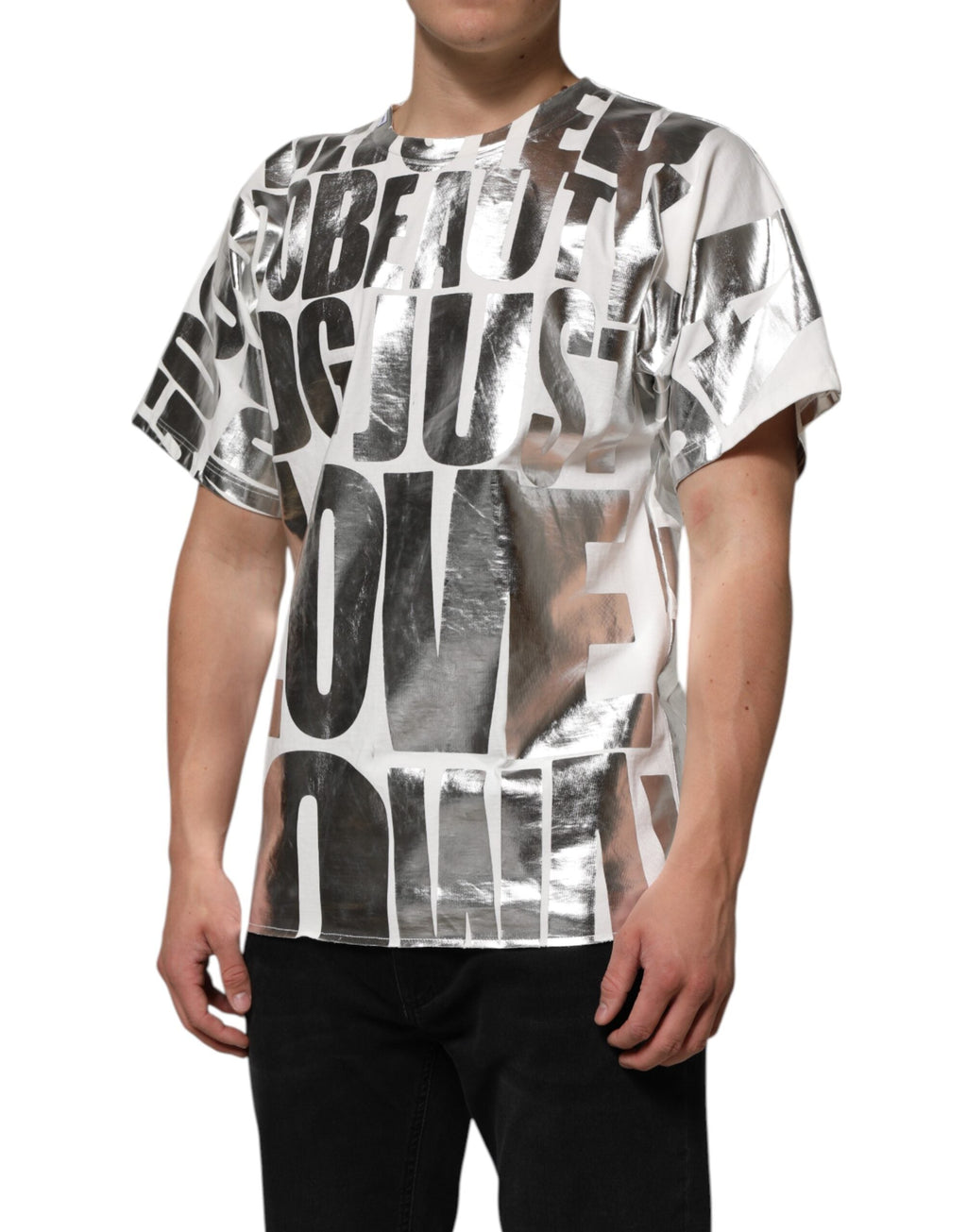 Dolce & Gabbana Weißes T-Shirt mit Metallic-Druck aus Baumwolle mit Rundhalsausschnitt