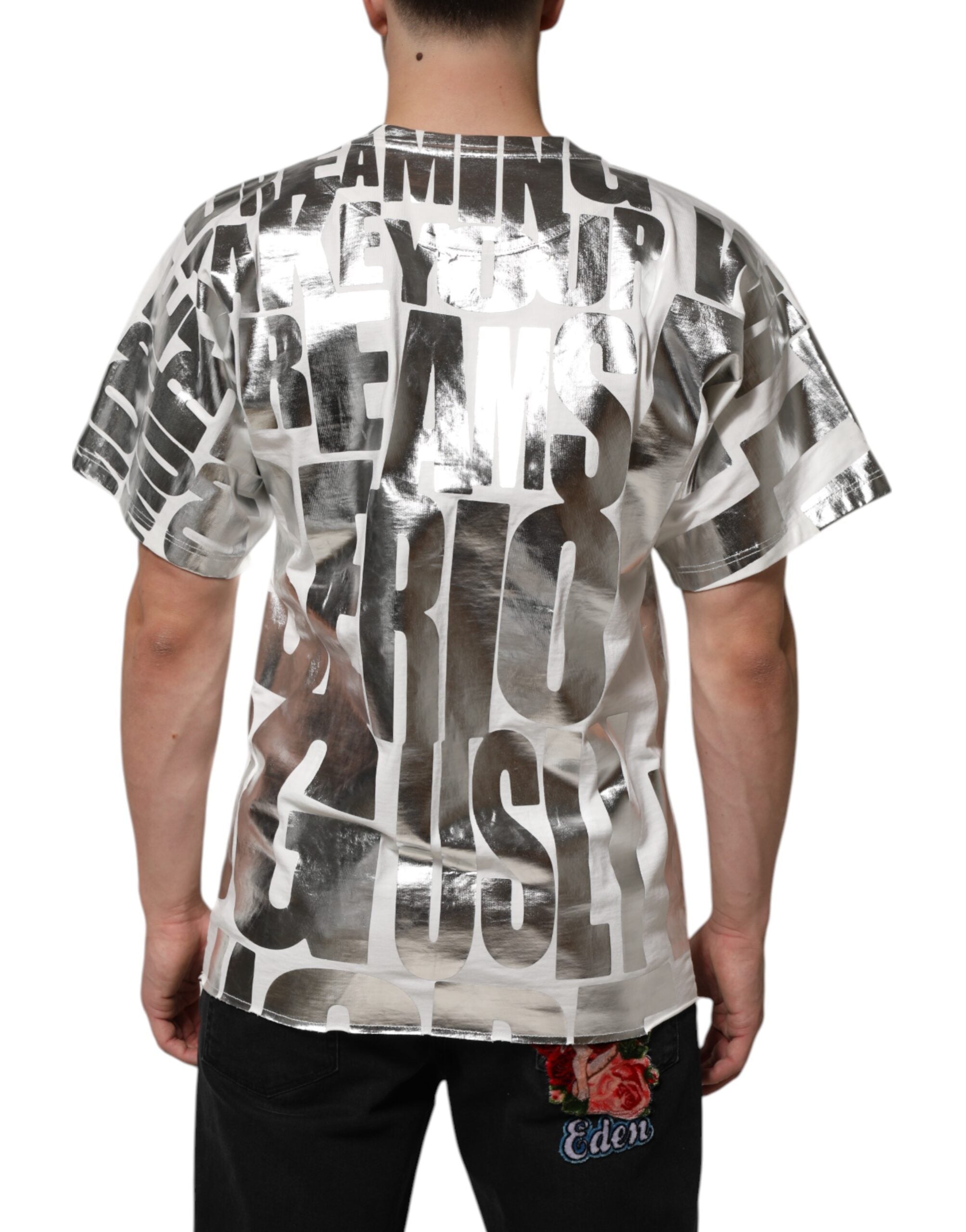 Dolce & Gabbana Weißes T-Shirt mit Metallic-Druck aus Baumwolle mit Rundhalsausschnitt