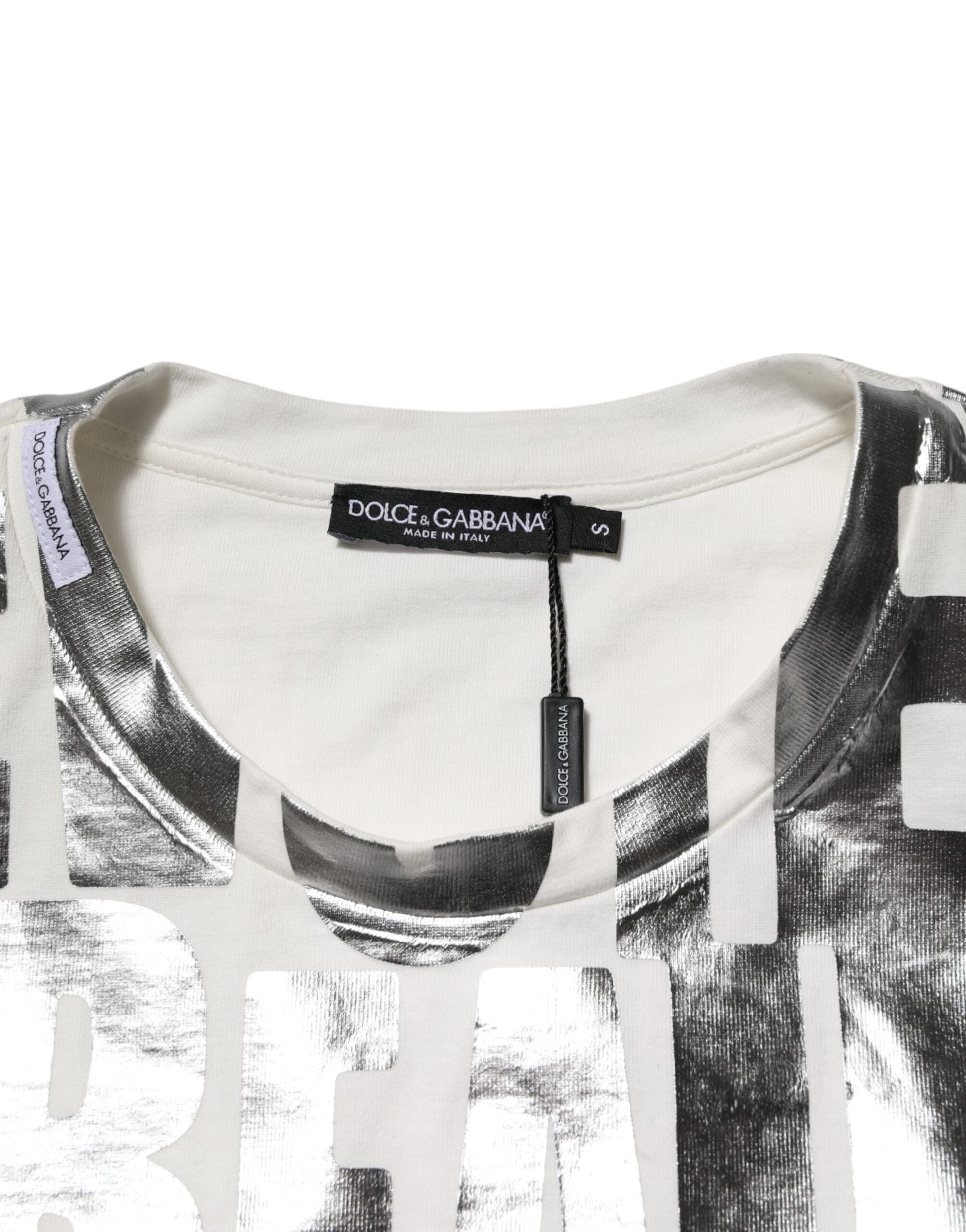 Dolce & Gabbana Weißes T-Shirt mit Metallic-Druck aus Baumwolle mit Rundhalsausschnitt
