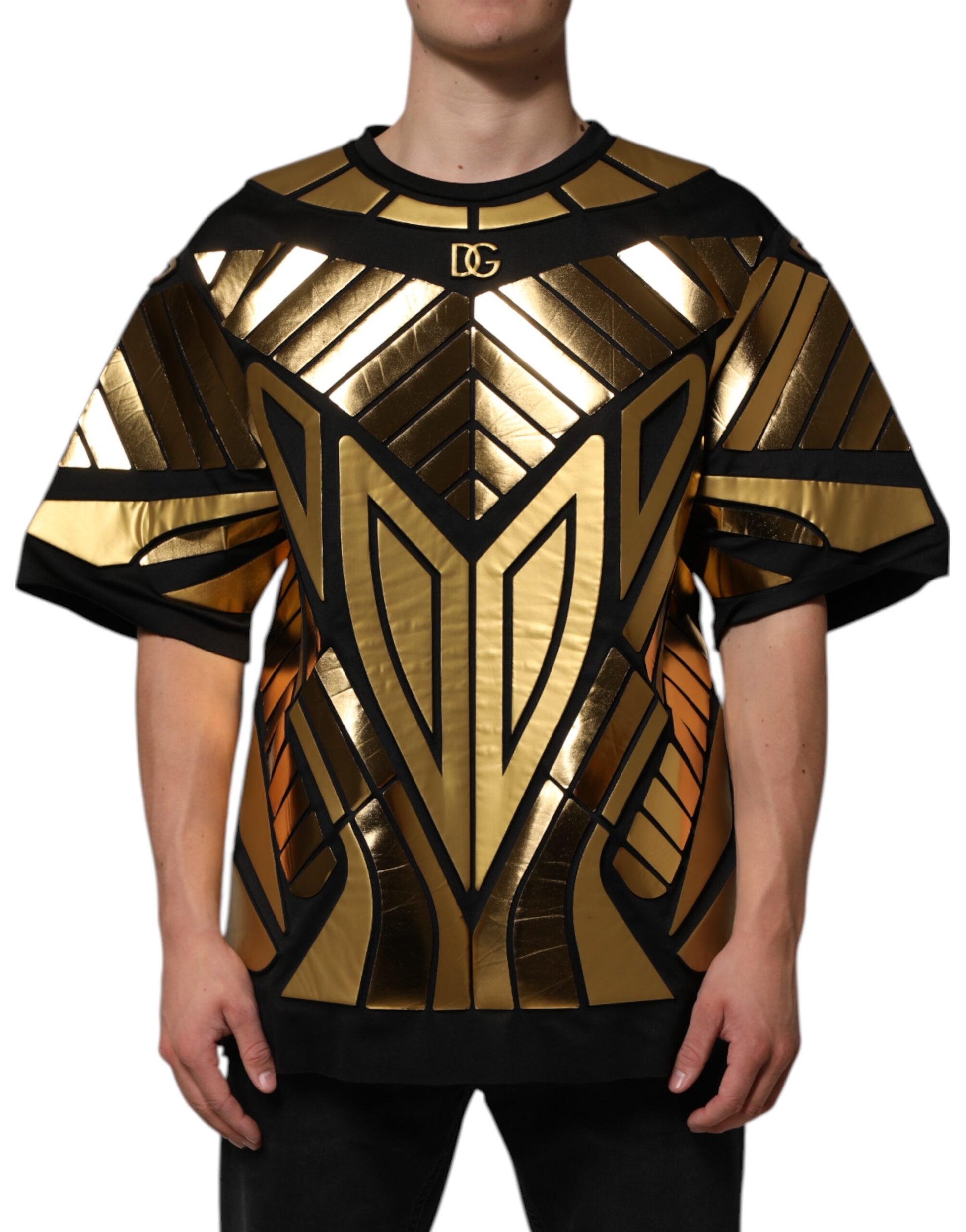Dolce & Gabbana Schwarzes T-Shirt mit Metallic-Druck aus Nylon mit Rundhalsausschnitt