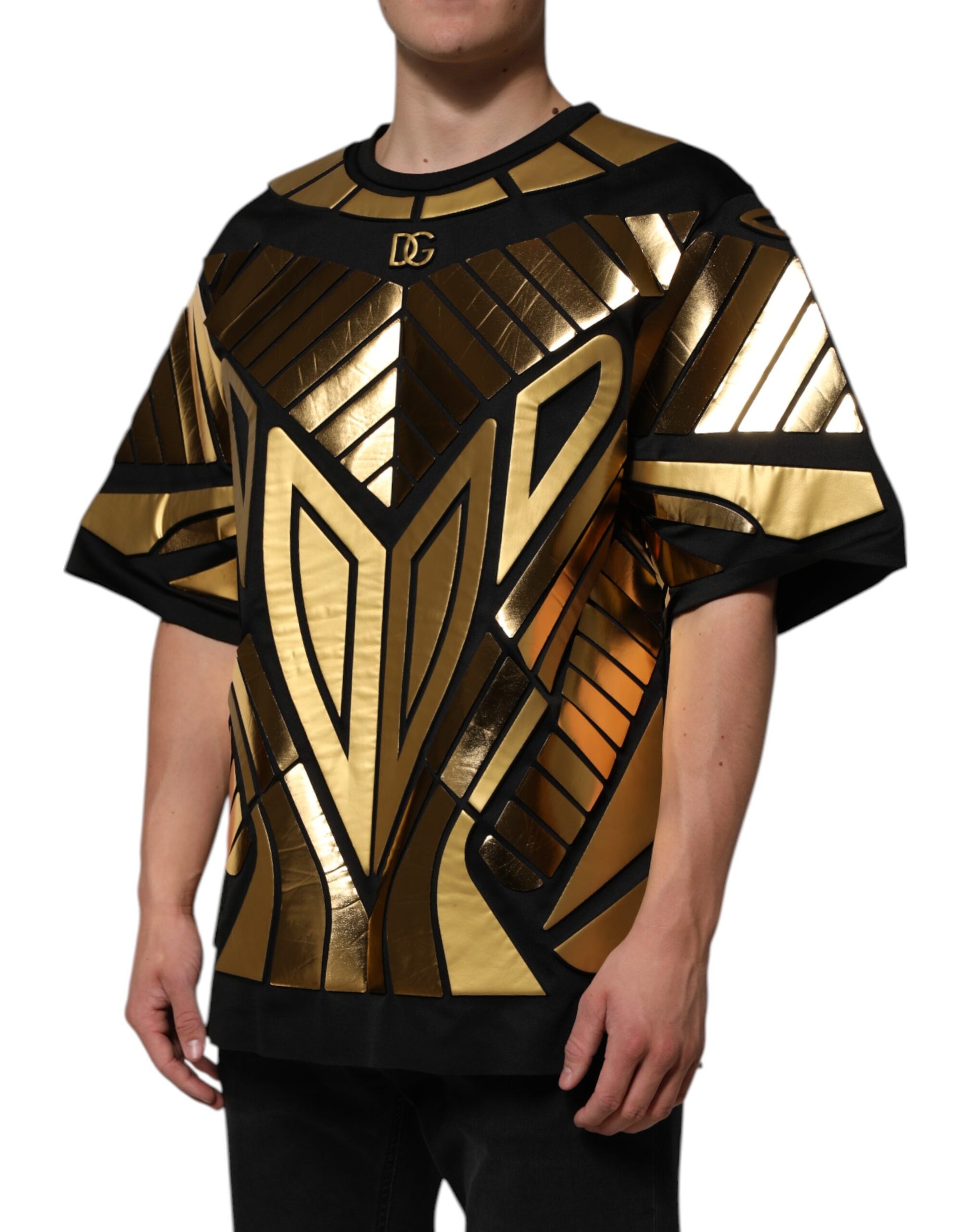 Dolce & Gabbana Schwarzes T-Shirt mit Metallic-Druck aus Nylon mit Rundhalsausschnitt