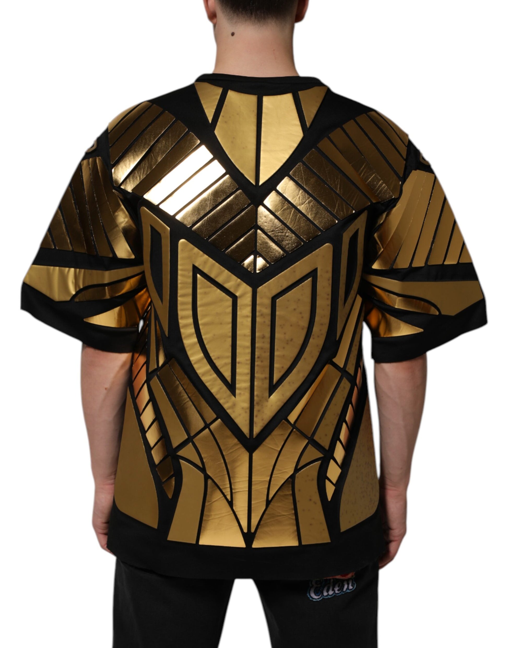 Dolce & Gabbana Schwarzes T-Shirt mit Metallic-Druck aus Nylon mit Rundhalsausschnitt