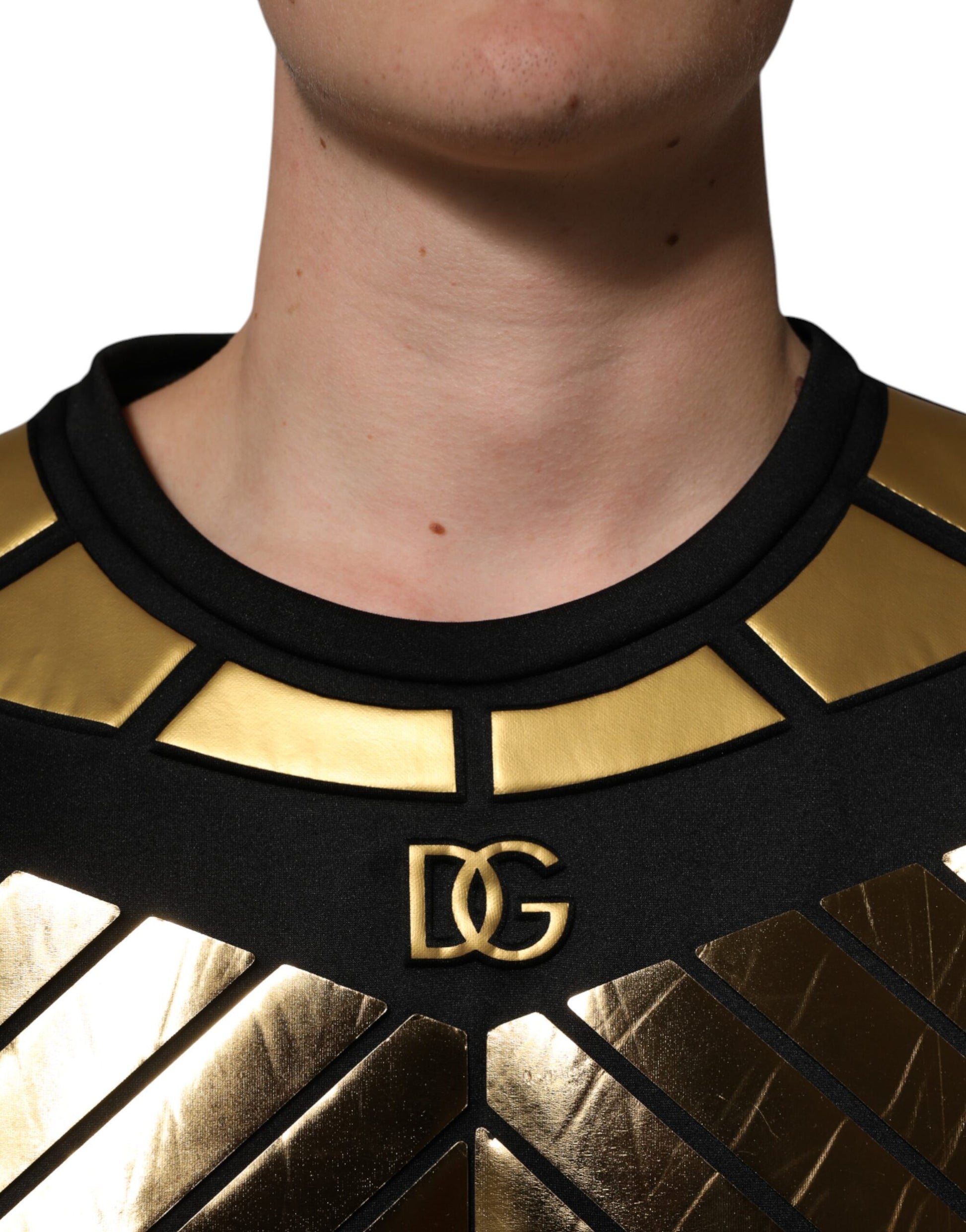 Dolce & Gabbana Schwarzes T-Shirt mit Metallic-Druck aus Nylon mit Rundhalsausschnitt