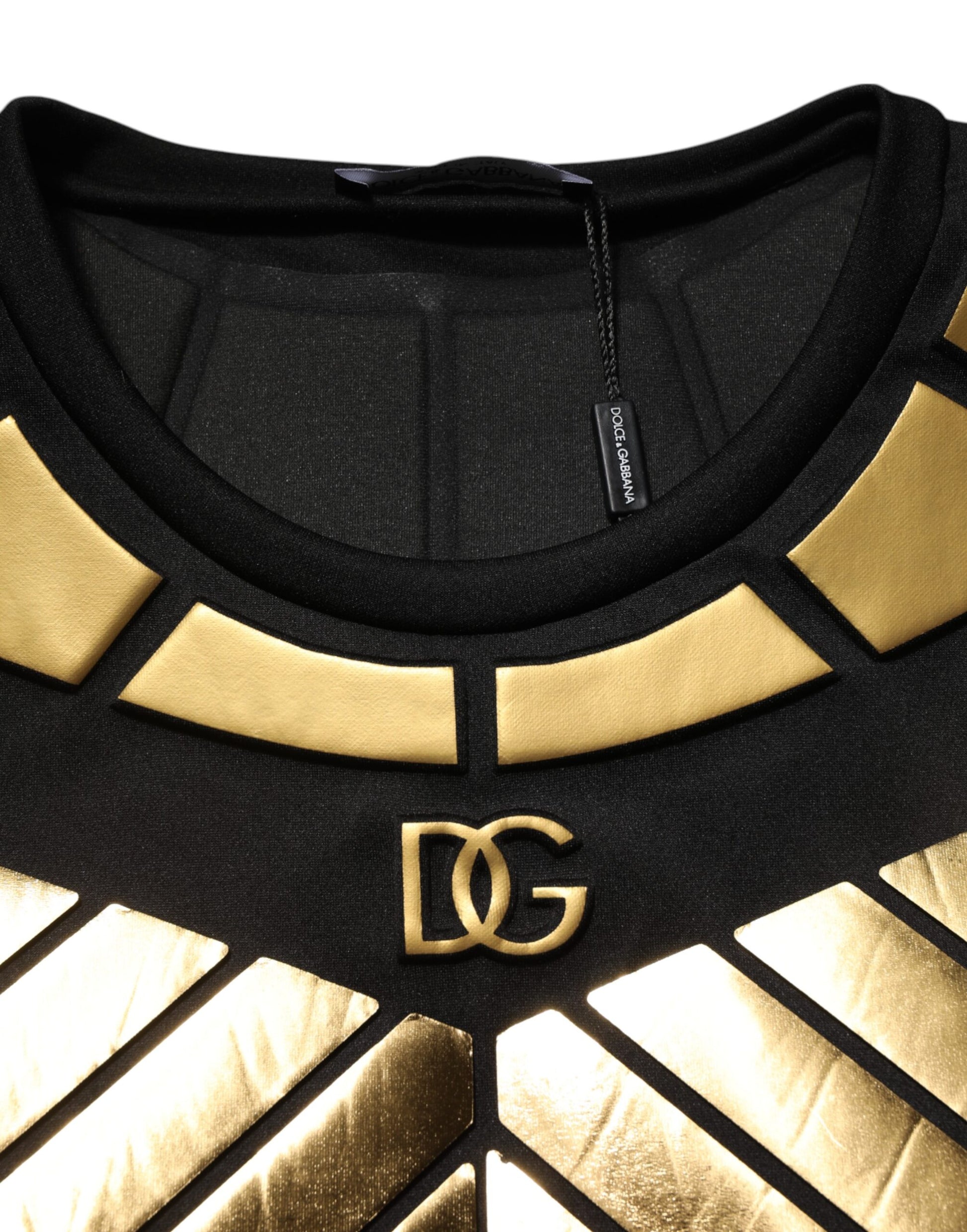 Dolce & Gabbana Schwarzes T-Shirt mit Metallic-Druck aus Nylon mit Rundhalsausschnitt