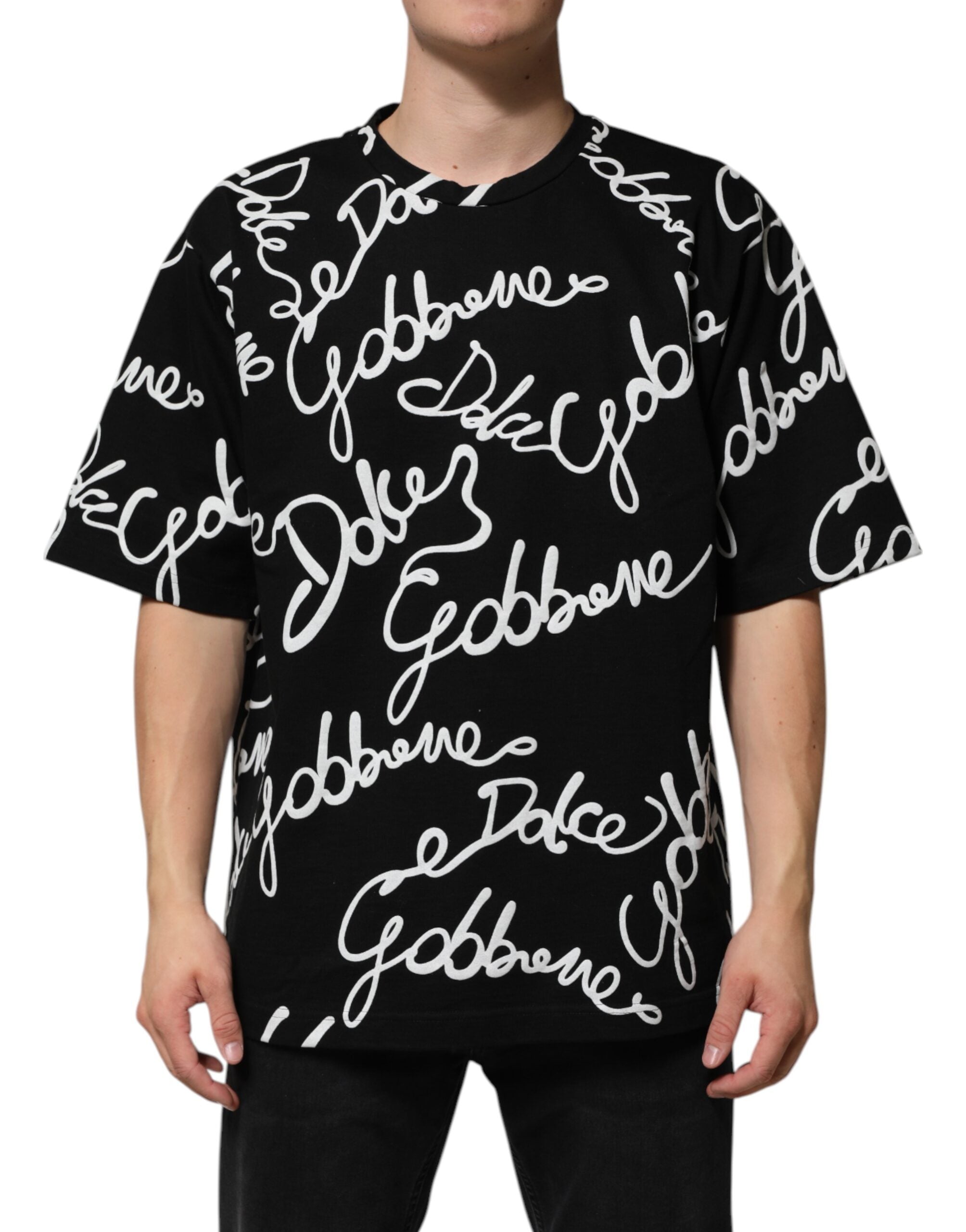 Dolce & Gabbana Schwarzes T-Shirt mit Rundhalsausschnitt und Logodruck aus Baumwolle
