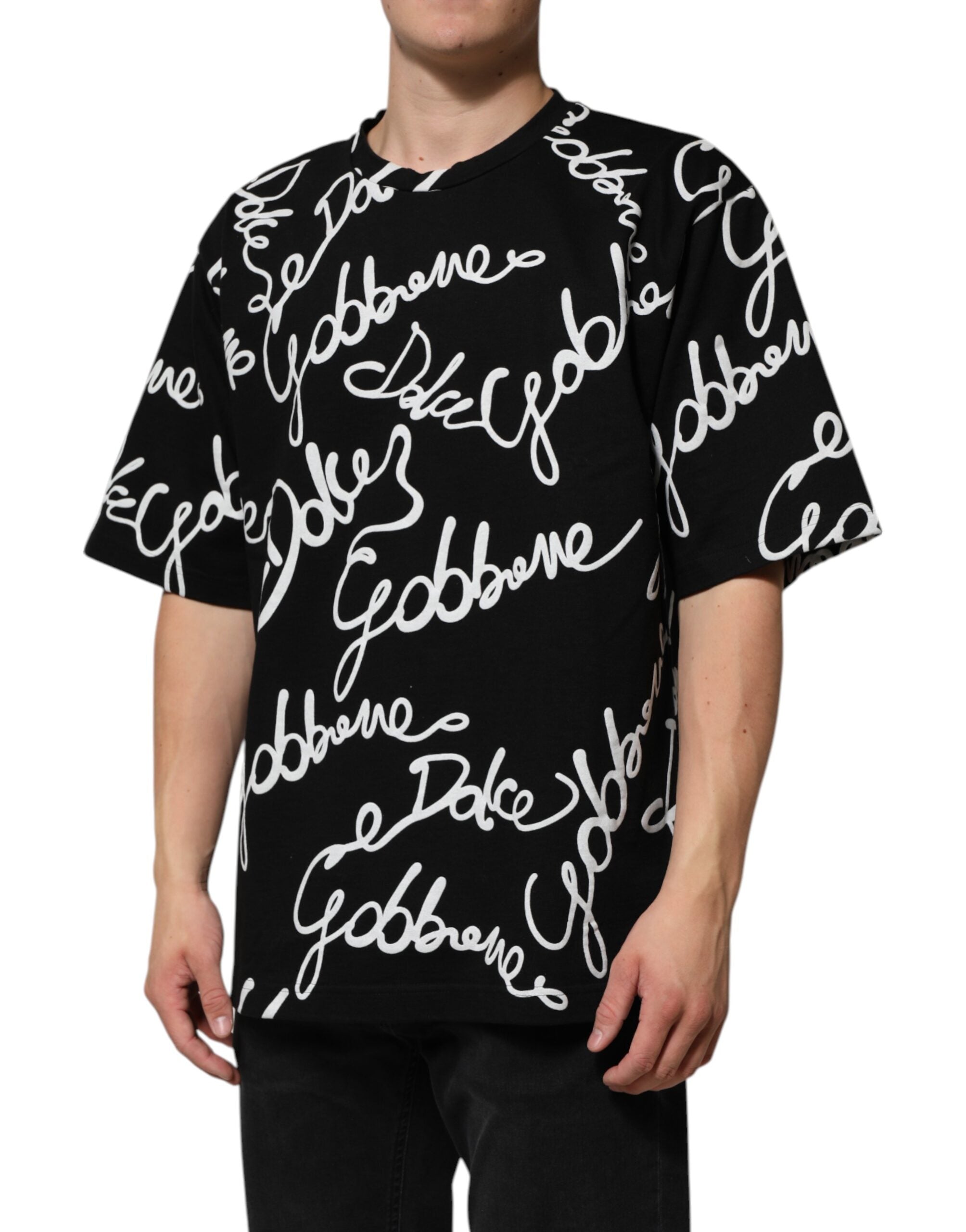 Dolce & Gabbana Schwarzes T-Shirt mit Rundhalsausschnitt und Logodruck aus Baumwolle