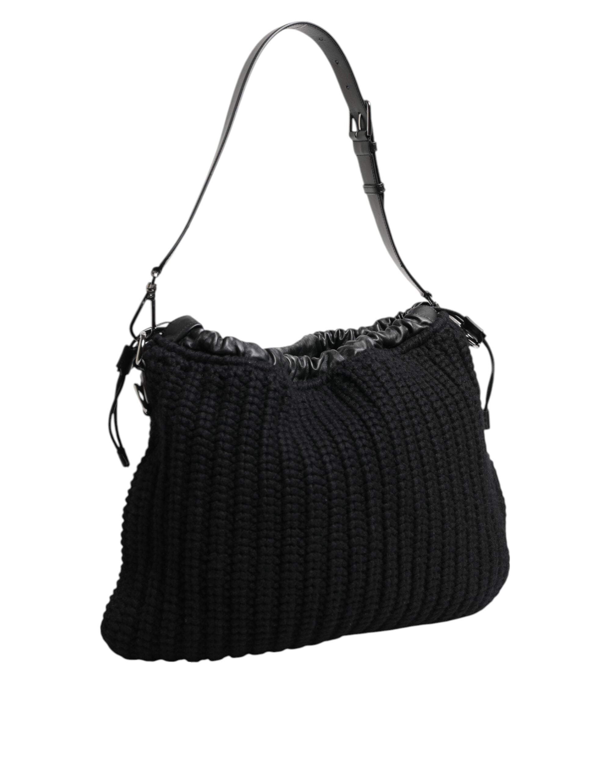Dolce & Gabbana Schwarz Kaschmir gestrickt Leder Schulter Frauen Borse Tasche