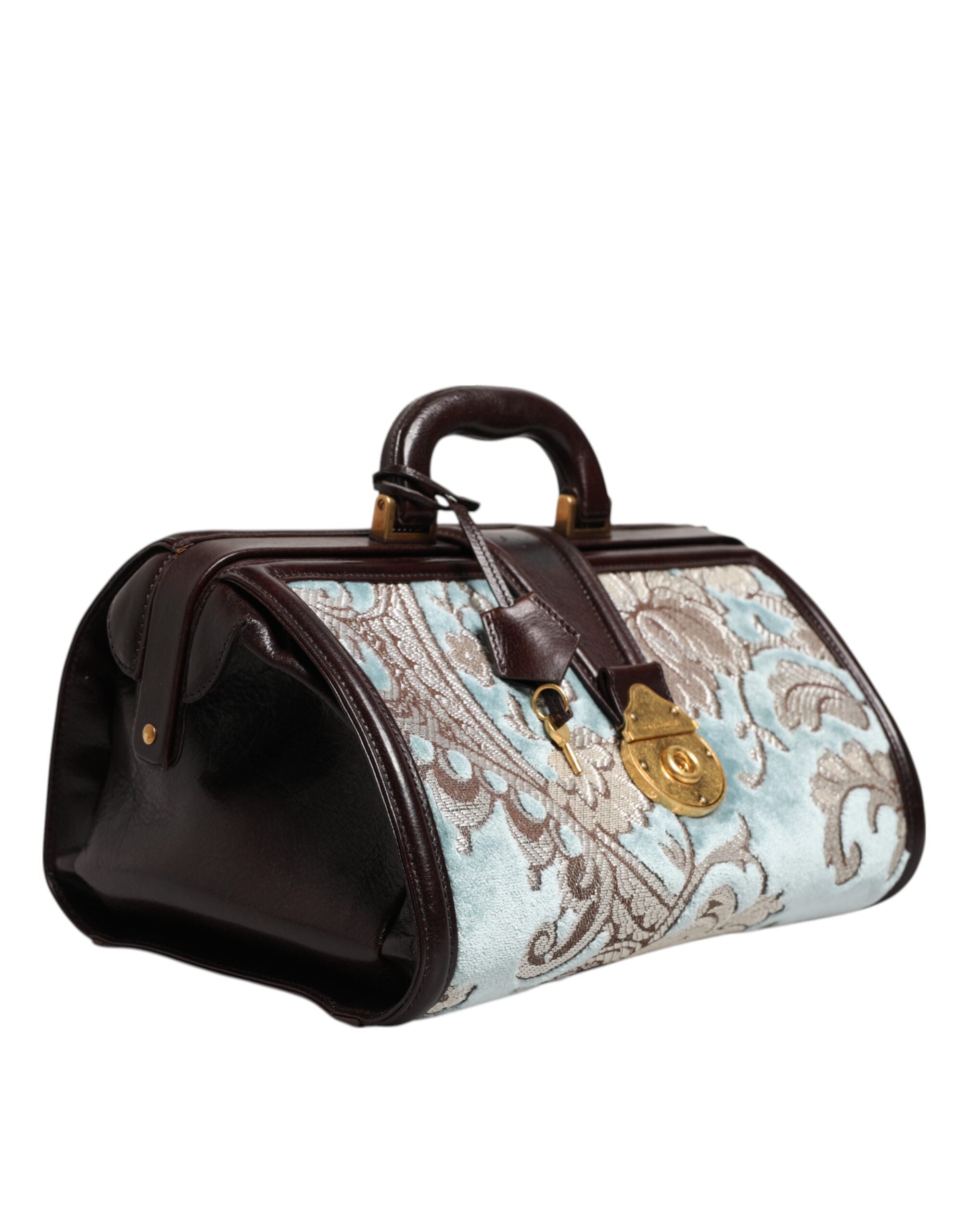 Dolce & Gabbana Blau Braun Leder Floral Jacquard Reisetasche Handtasche