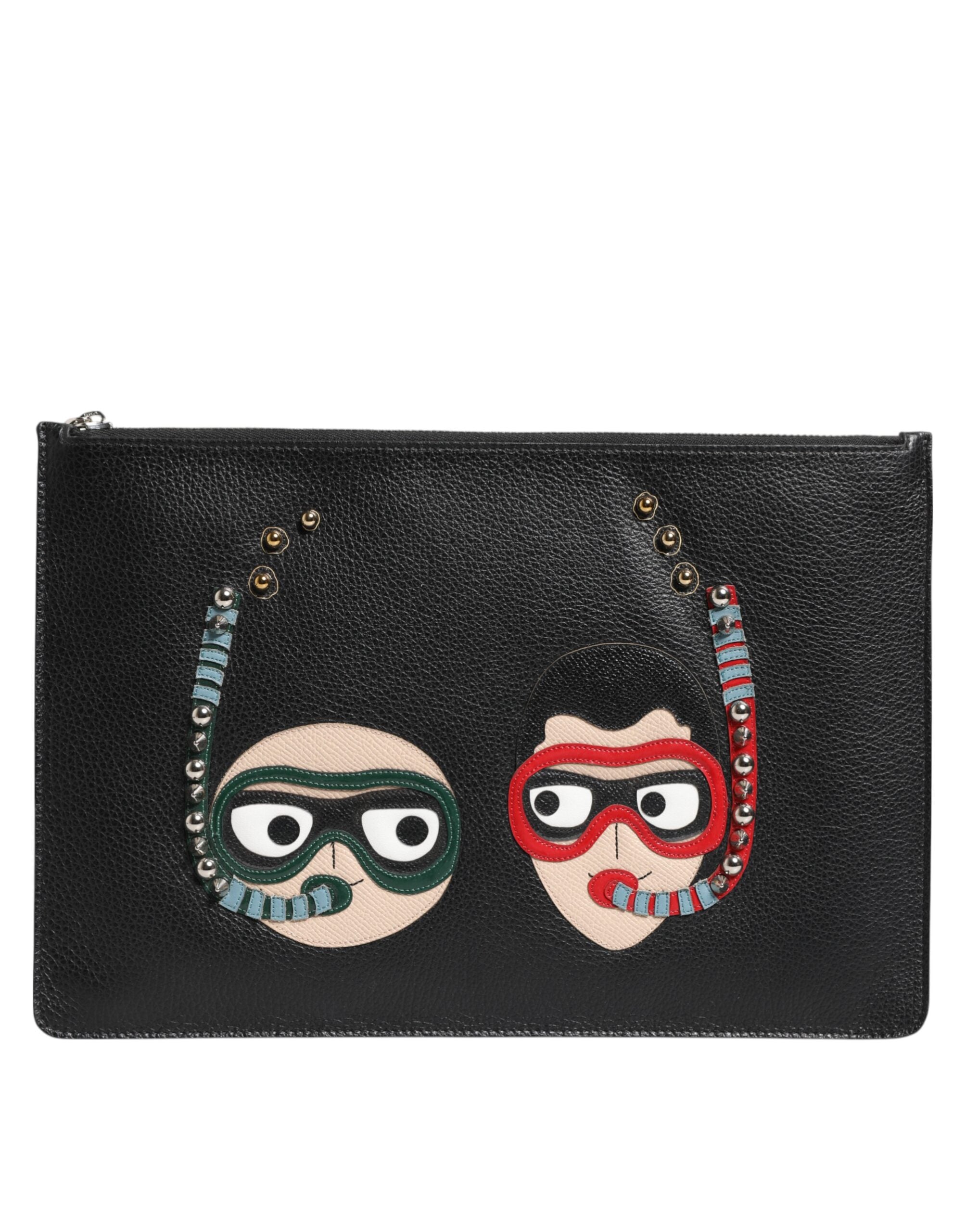 Dolce & Gabbana Schwarzes Leder #DGFAMILY Verschönerte Herren Clutch Pouch Tasche