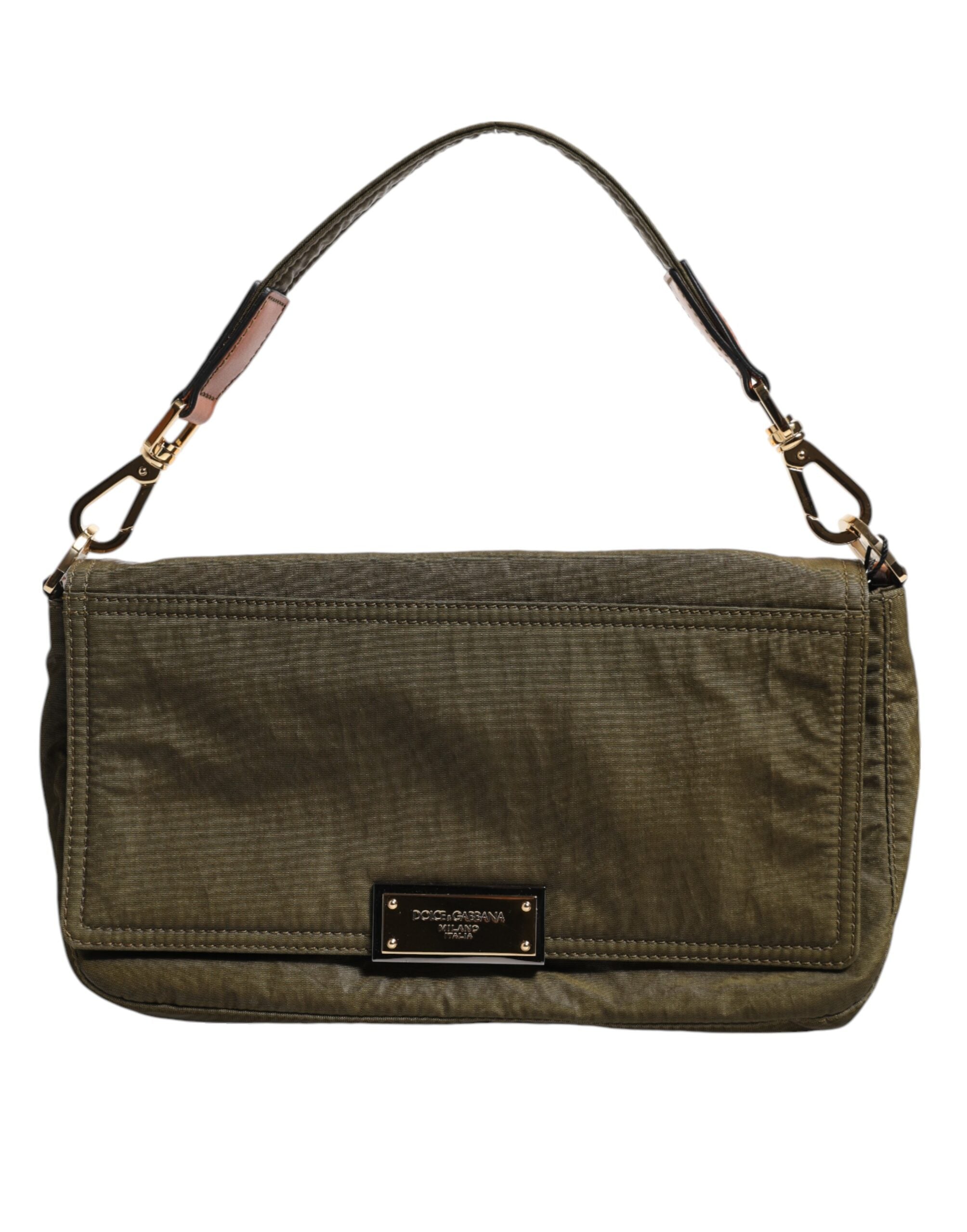Dolce & Gabbana Dunkelgrünes Nylon Logo Plaque Schulterriemen Borse Tasche