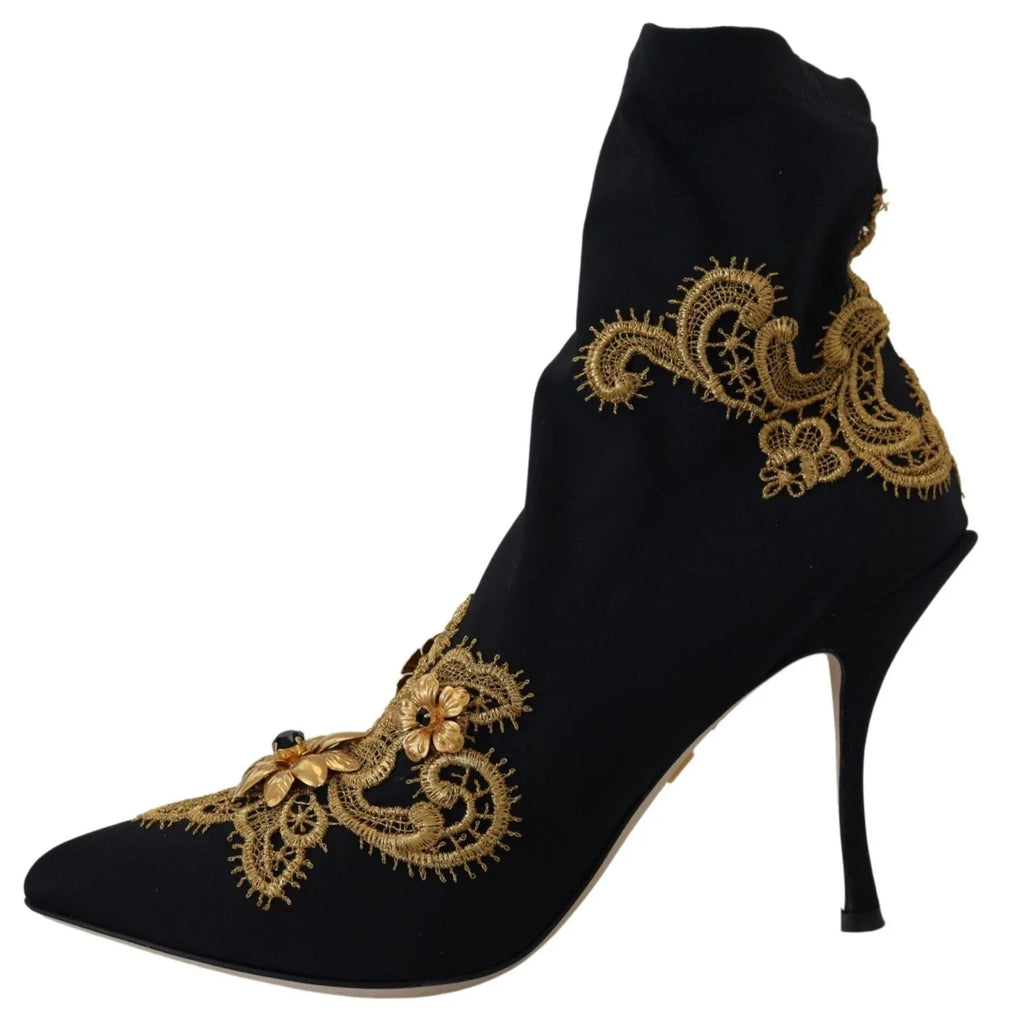 Dolce & Gabbana Schwarz Gold Stickerei Kristall Stiefel Schuhe