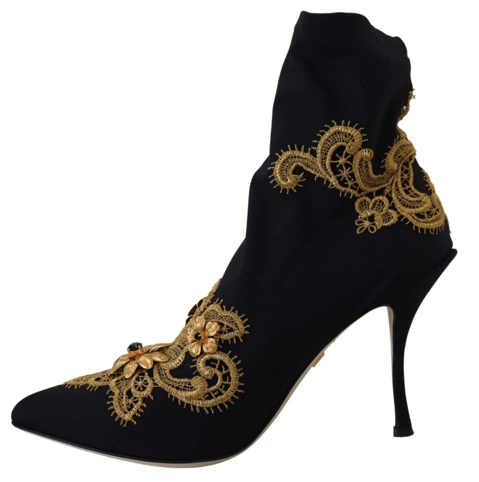 Dolce & Gabbana Schwarz Gold Stickerei Kristall Stiefel Schuhe