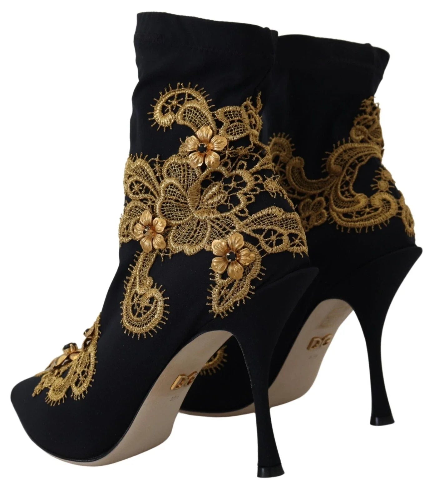 Dolce & Gabbana Schwarz Gold Stickerei Kristall Stiefel Schuhe