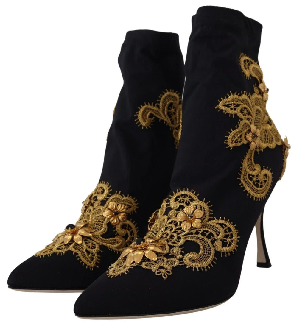 Dolce & Gabbana Schwarz Gold Stickerei Kristall Stiefel Schuhe