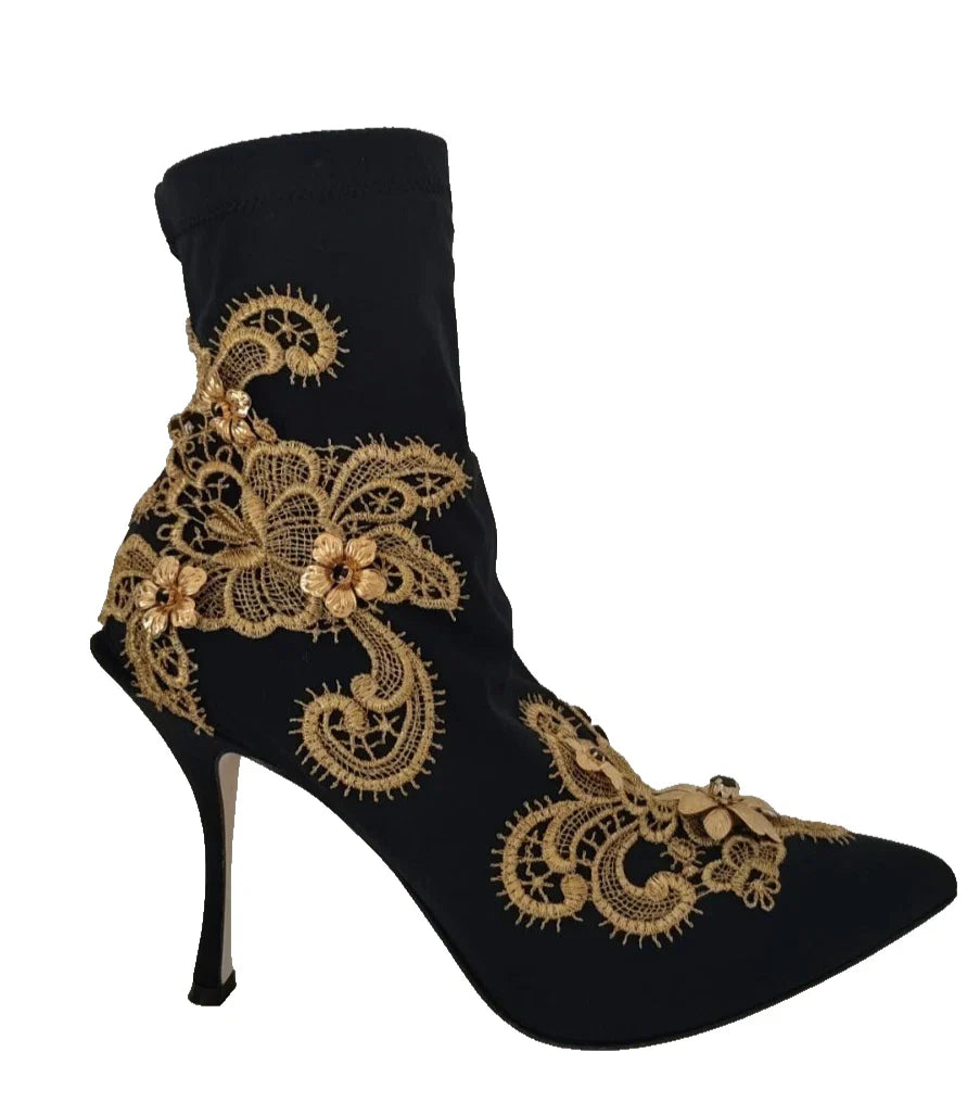 Dolce & Gabbana Schwarz Gold Stickerei Kristall Stiefel Schuhe