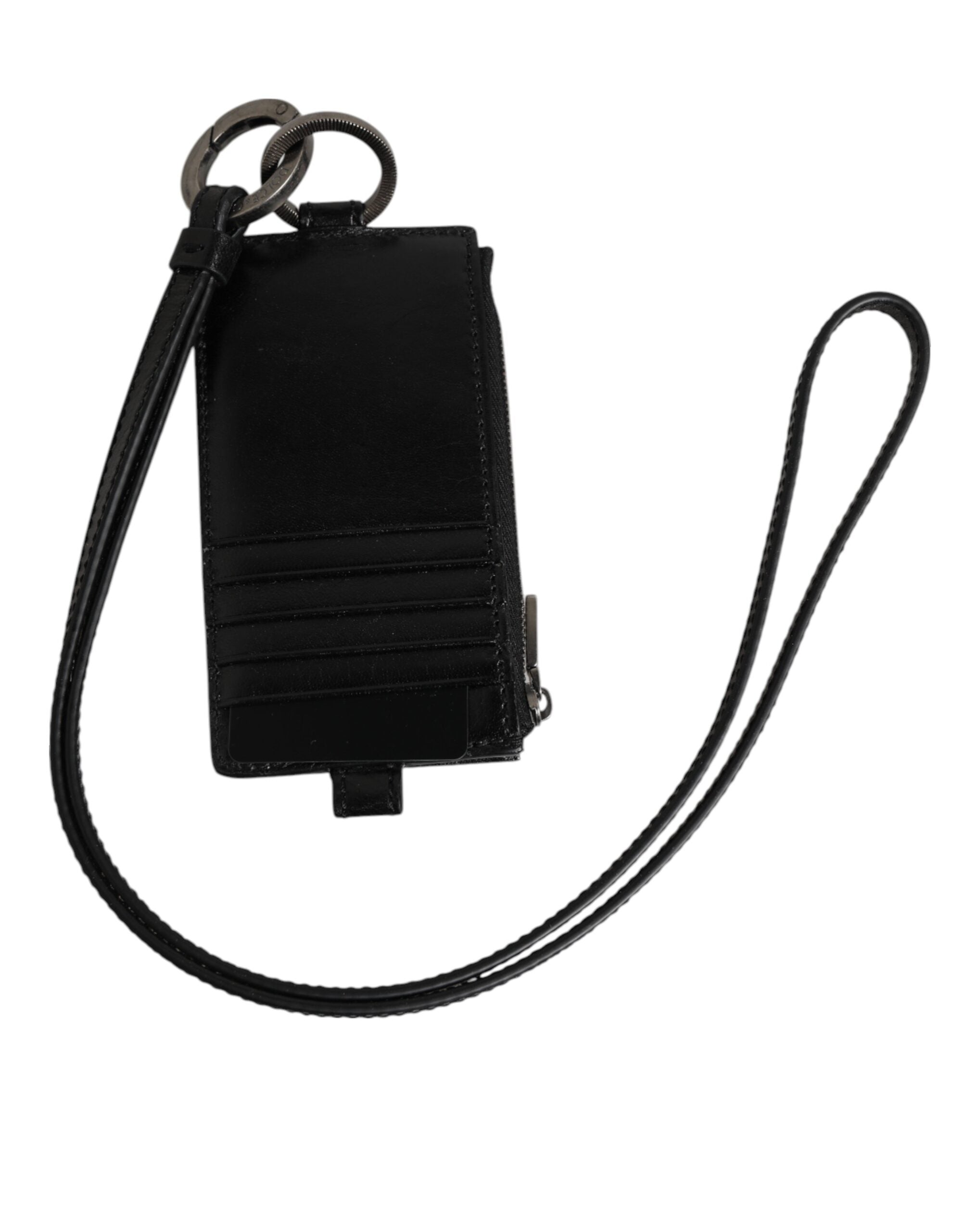 Dolce & Gabbana Schwarzes Leder mit Logo-Prägung Lanyard Kartenhalter Brieftasche