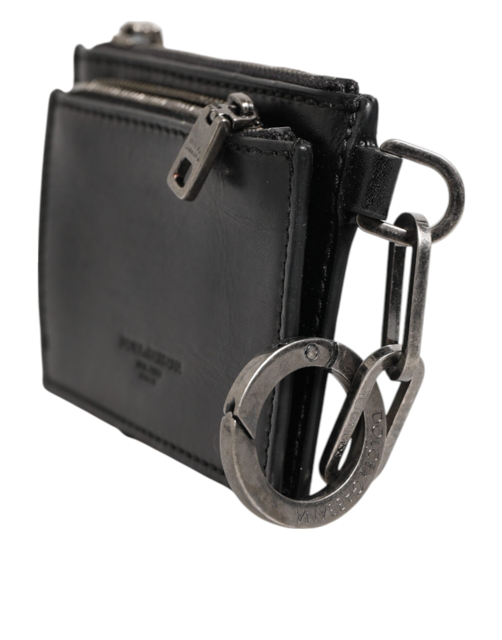 Dolce & Gabbana Schwarzes Leder Zip Logo Schlüsselanhänger Münzgeldbörse Schlüsselanhänger Geldbörse