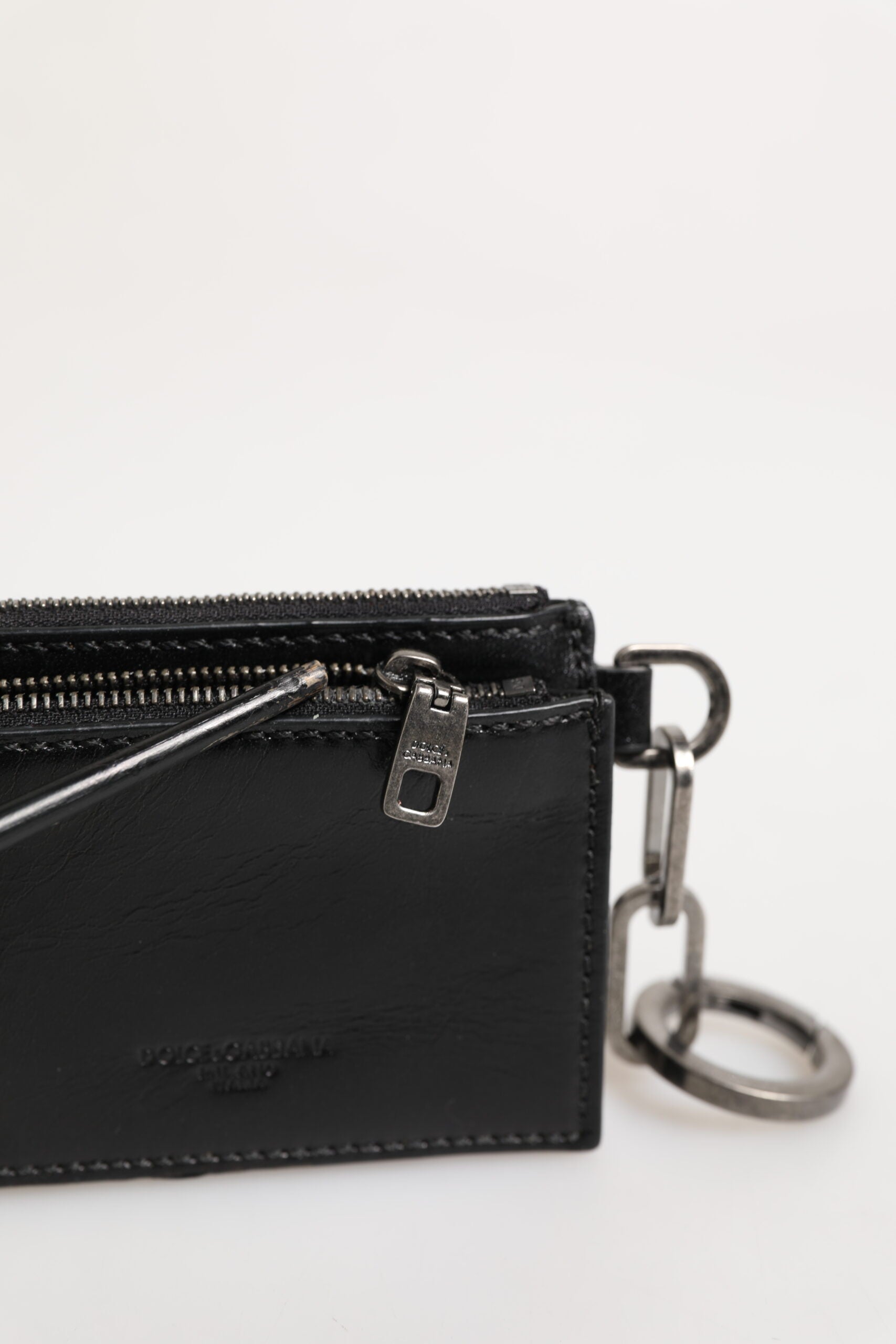 Dolce & Gabbana Schwarzes Leder Zip Logo Schlüsselanhänger Münzgeldbörse Schlüsselanhänger Geldbörse