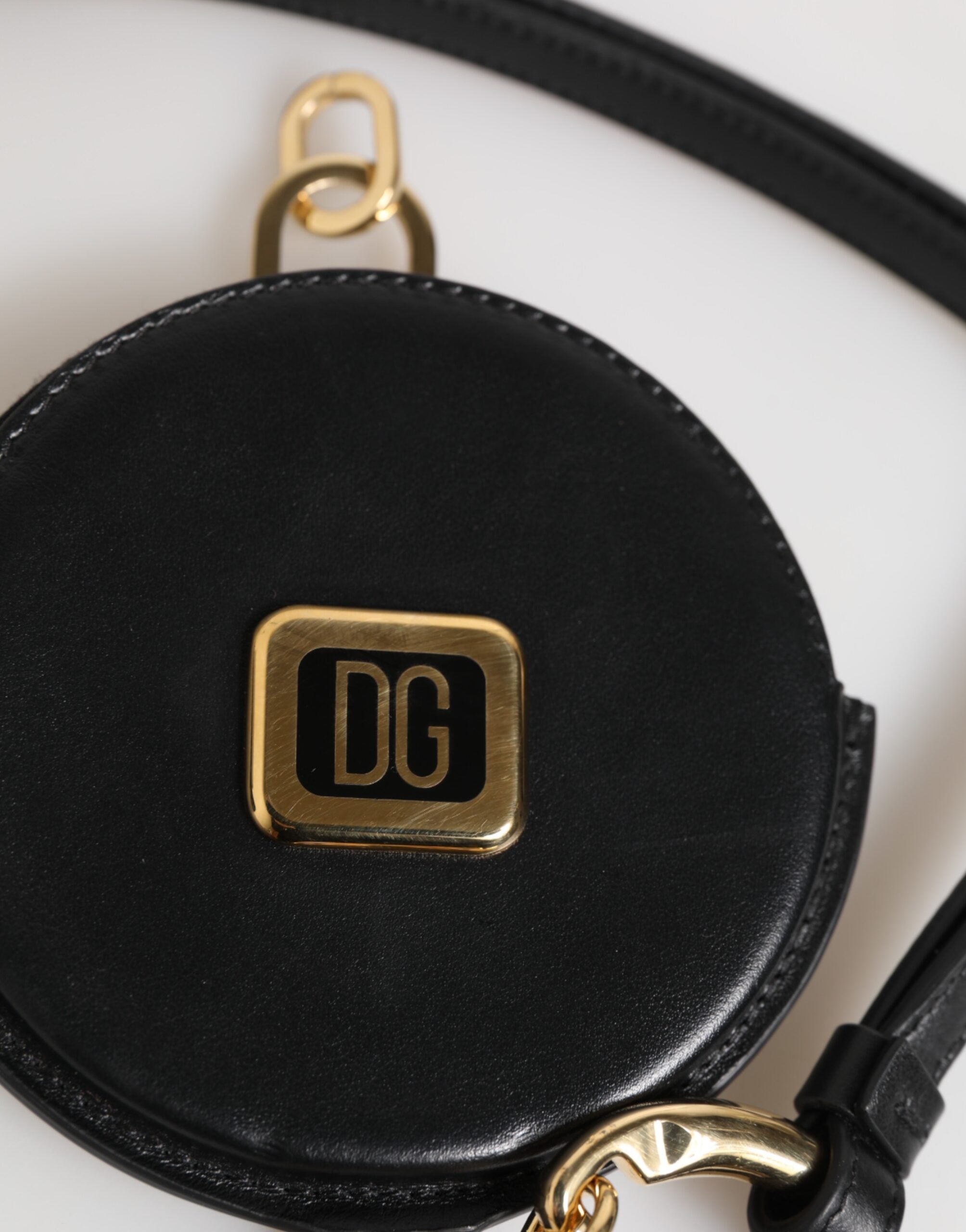 Dolce & Gabbana Schwarzes rundes Leder DG Logo Münzgeldbörse Lanyard Wallet