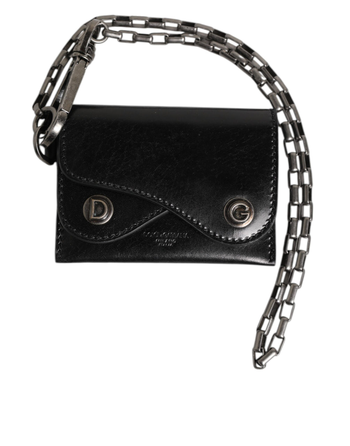 Dolce & Gabbana schwarzes Cavallo Leder Portemonnaie mit Ketten-Druckknopf und zweifachem Kartenhalter