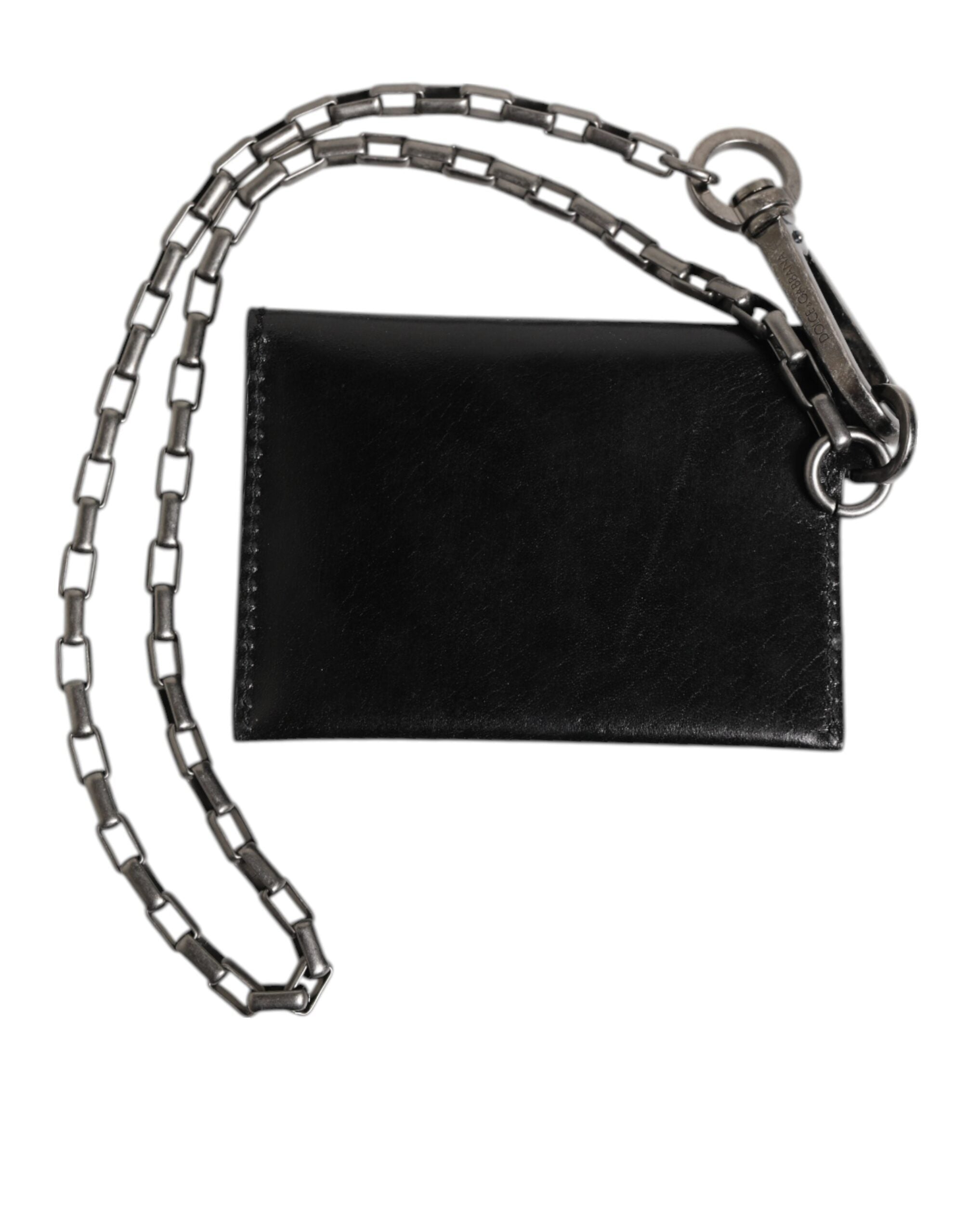 Dolce & Gabbana Schwarzes Cavallo Leder Portemonnaie Kette Snap Bifold Card Holder
