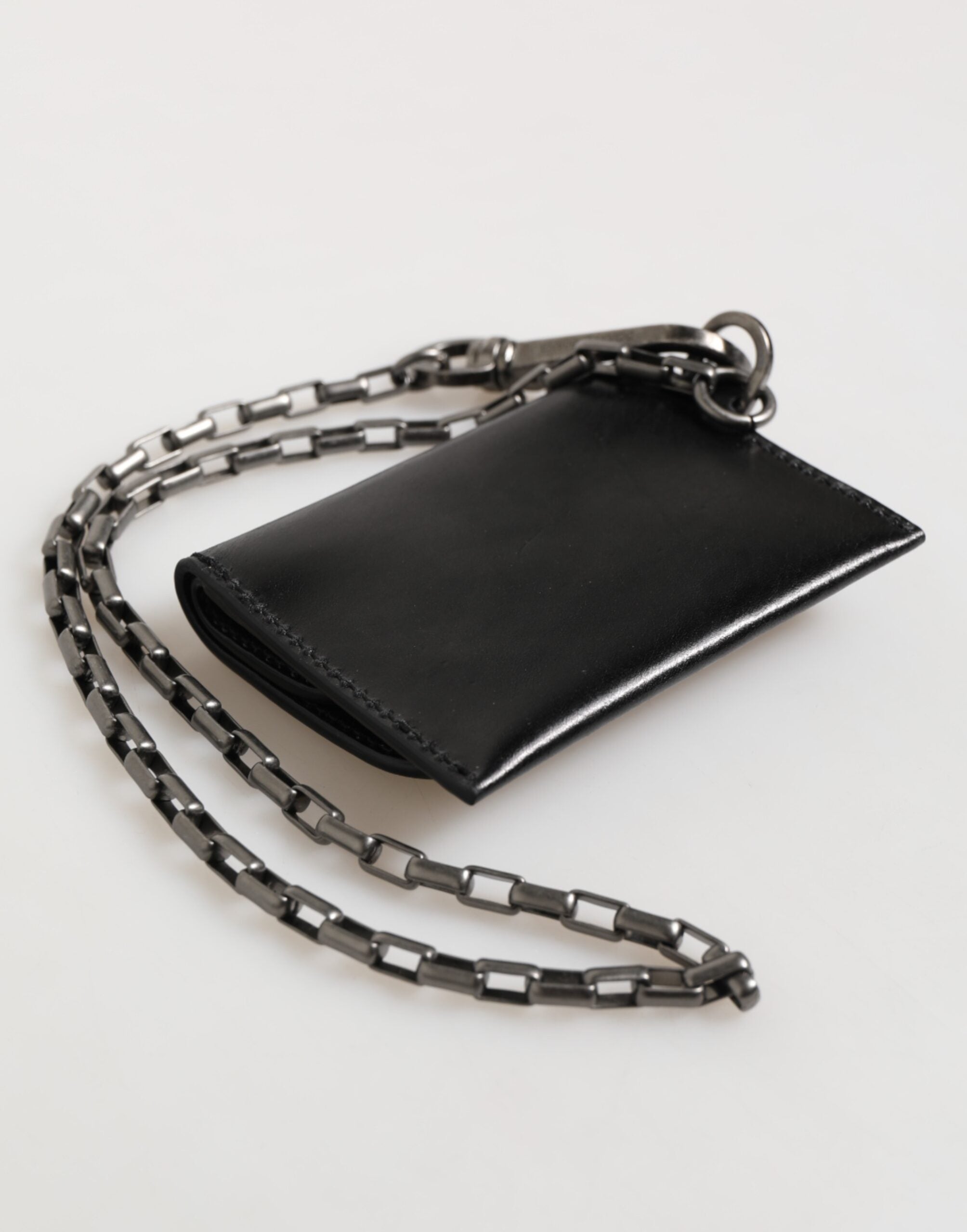 Dolce & Gabbana Schwarzes Cavallo Leder Portemonnaie Kette Snap Bifold Card Holder