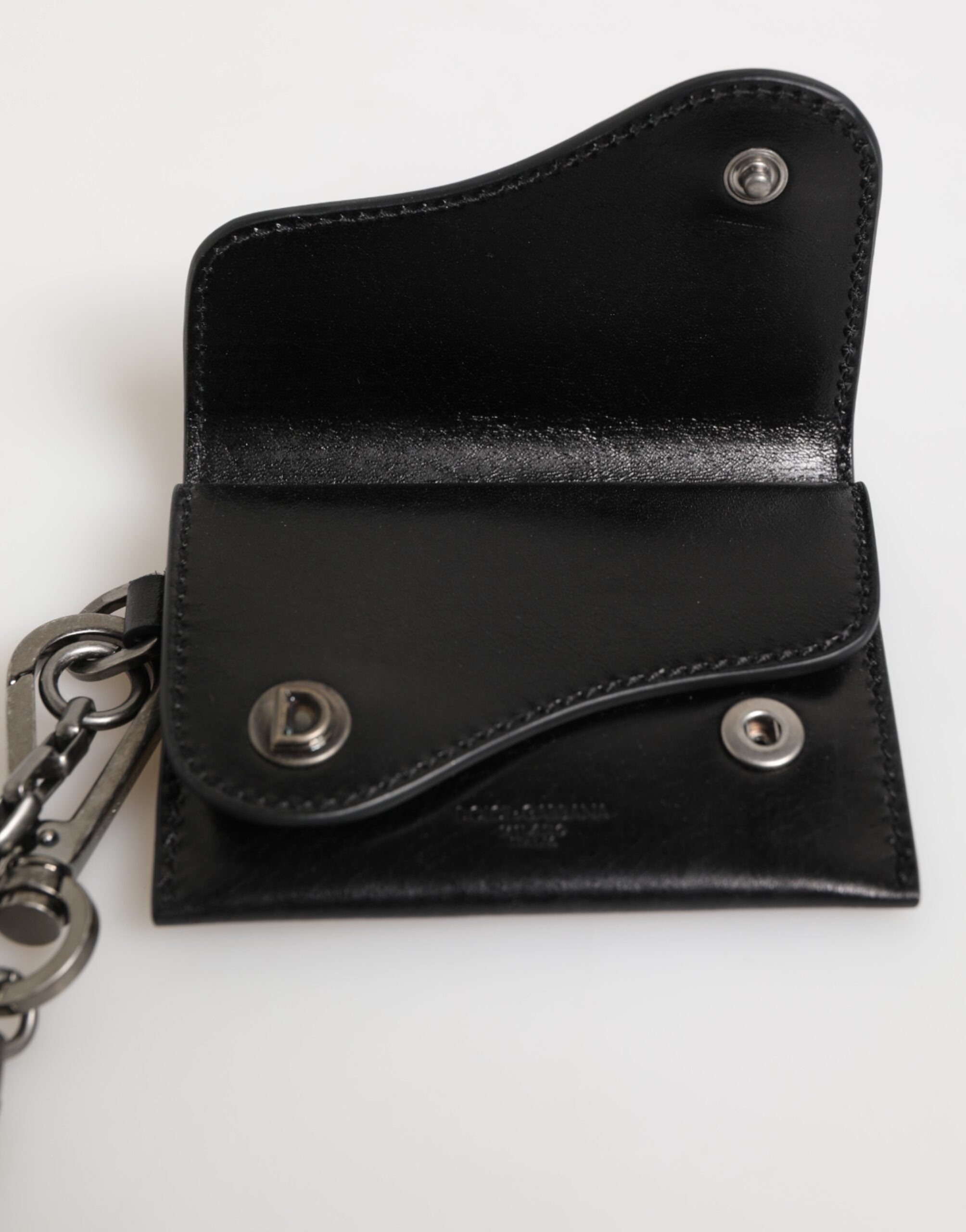 Dolce & Gabbana Schwarzes Cavallo Leder Portemonnaie Kette Snap Bifold Card Holder