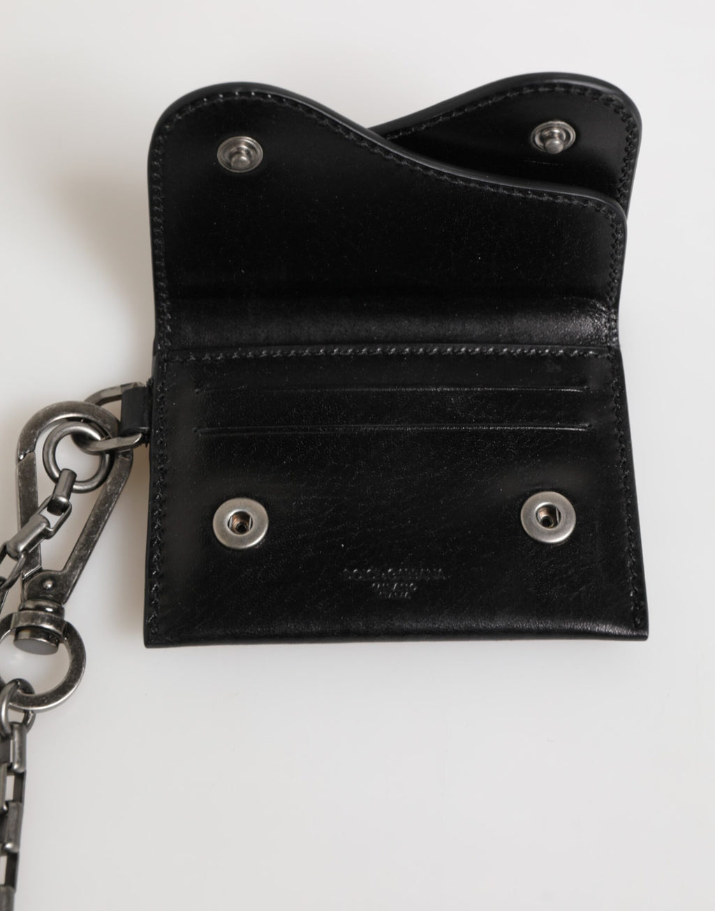 Dolce & Gabbana schwarzes Cavallo Leder Portemonnaie mit Ketten-Druckknopf und zweifachem Kartenhalter