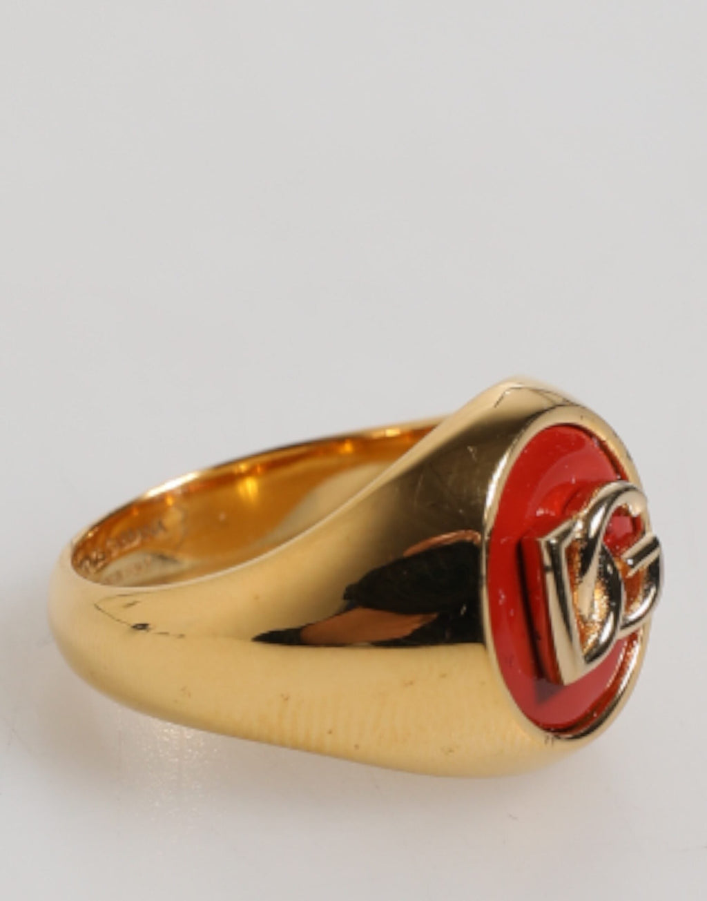 Dolce & Gabbana Gold-Ton Echtmessing Rund Rot DG Logo Männer Ring