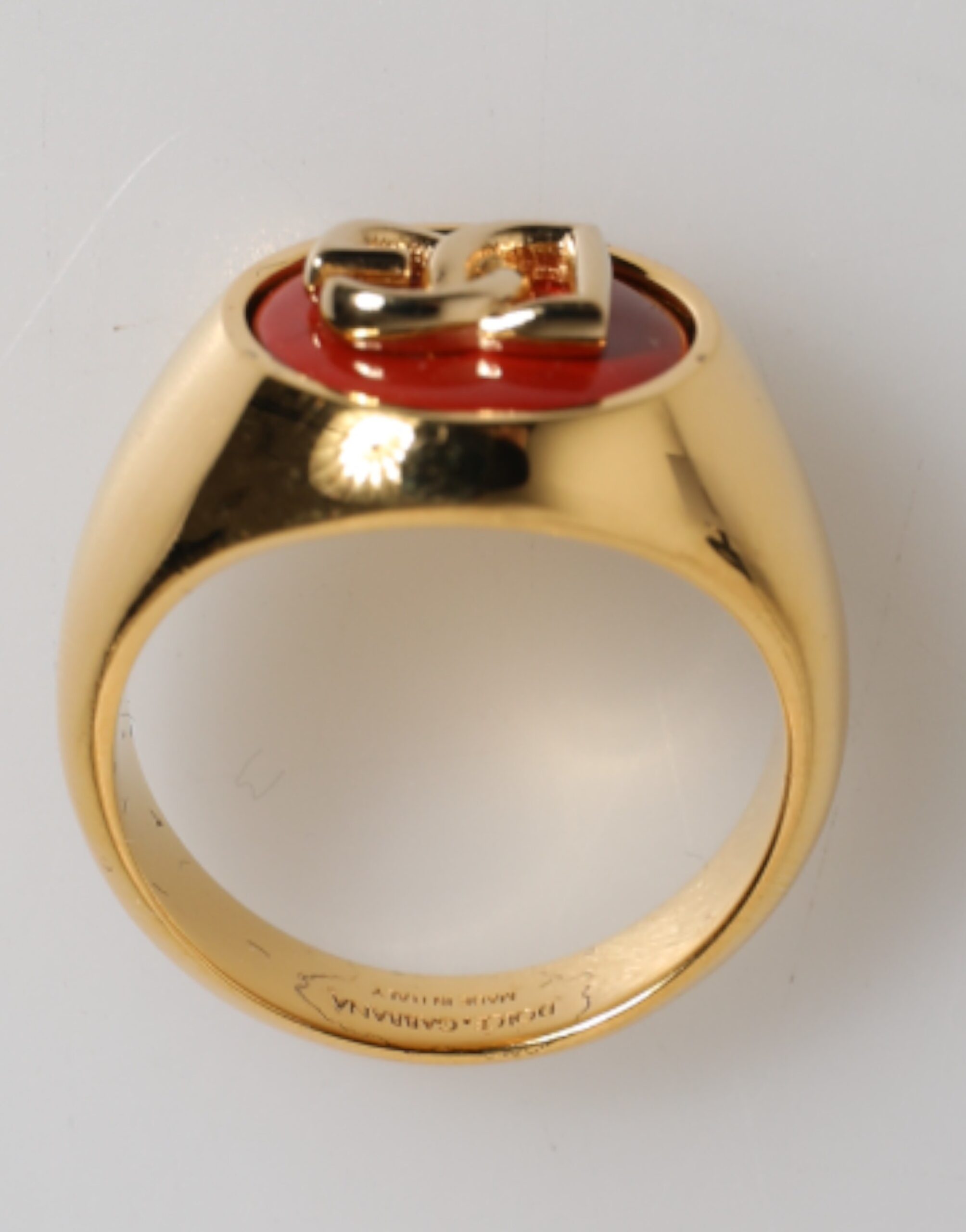 Dolce & Gabbana Gold-Ton Echtmessing Rund Rot DG Logo Männer Ring