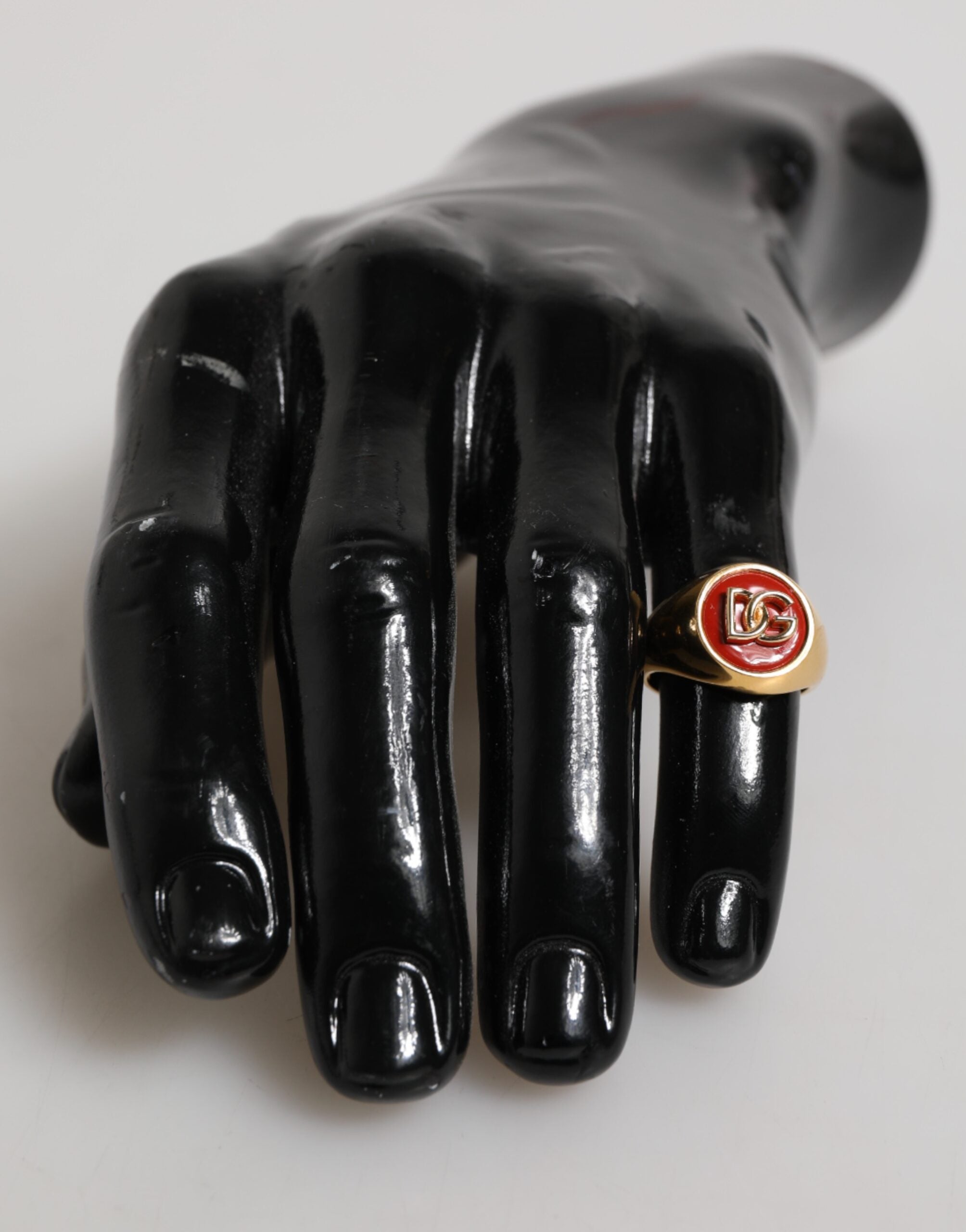 Dolce & Gabbana Gold-Ton Echtmessing Rund Rot DG Logo Männer Ring