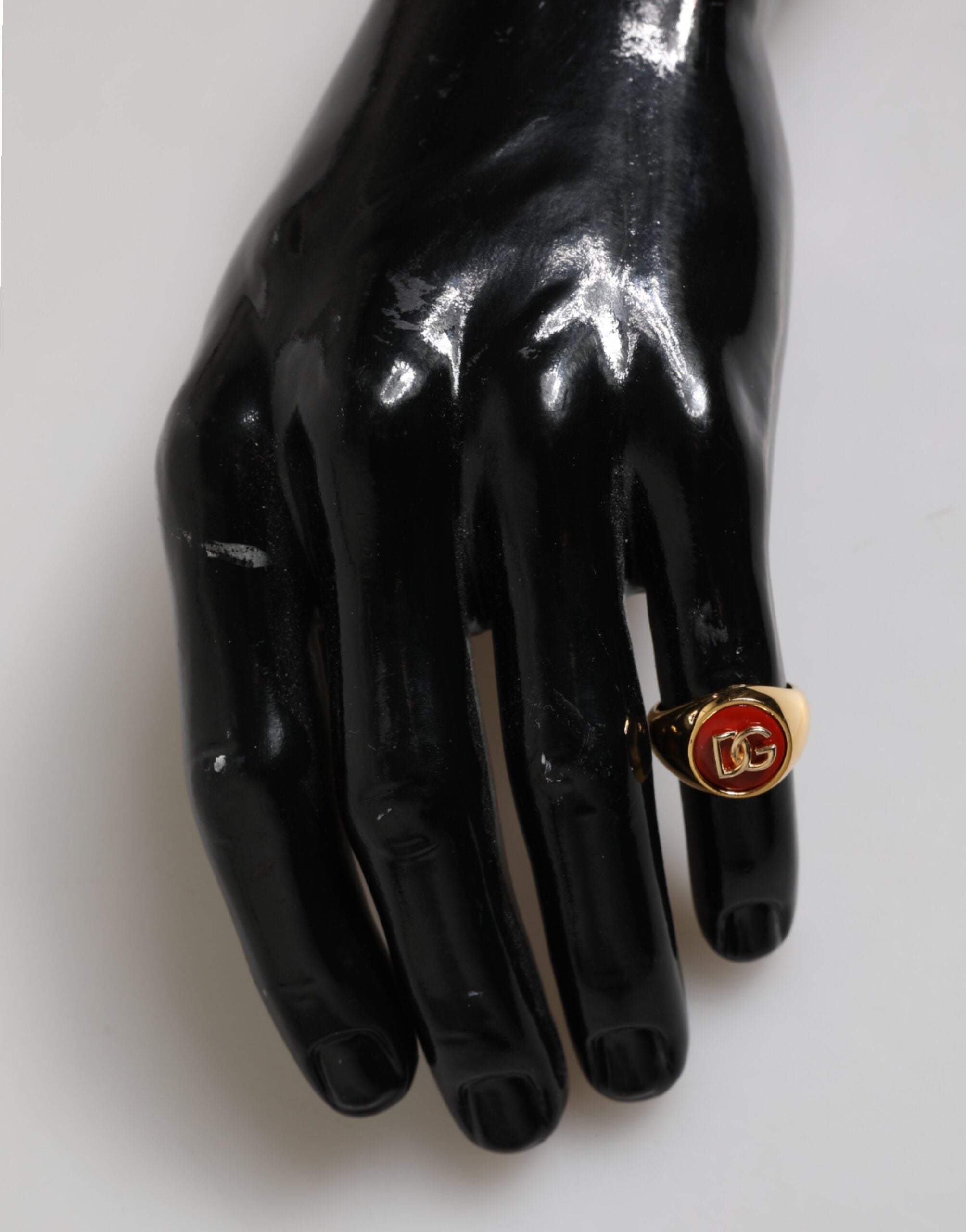 Dolce & Gabbana Gold-Ton Echtmessing Rund Rot DG Logo Männer Ring