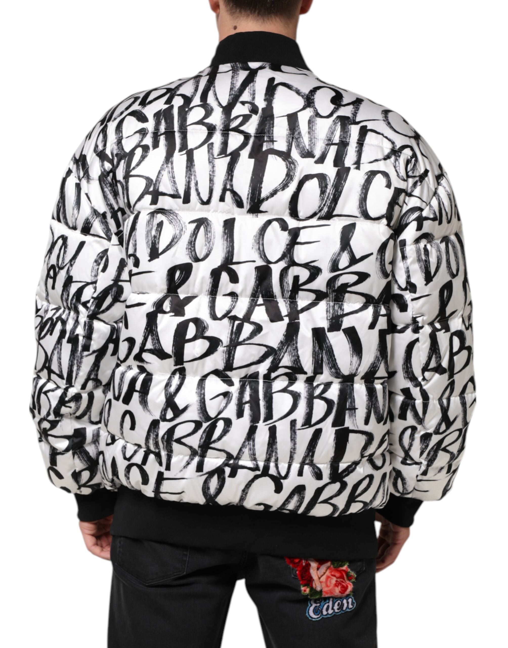 Dolce & Gabbana Weiß Schwarz Graffiti Logo Puffer Bomberjacke