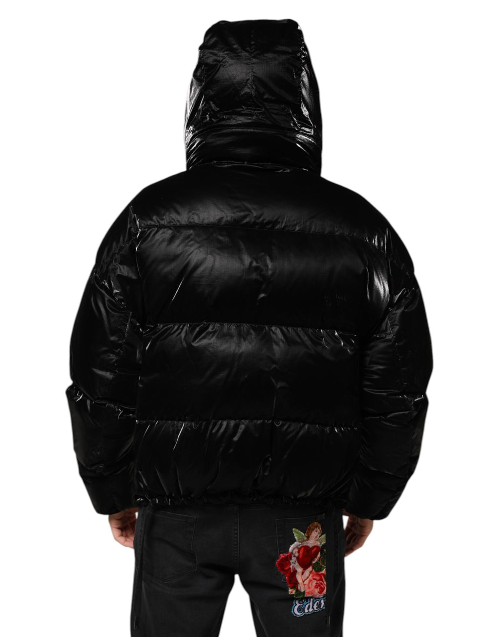 Dolce & Gabbana Schwarze Logo-Steppjacke mit Kapuze und Reißverschluss