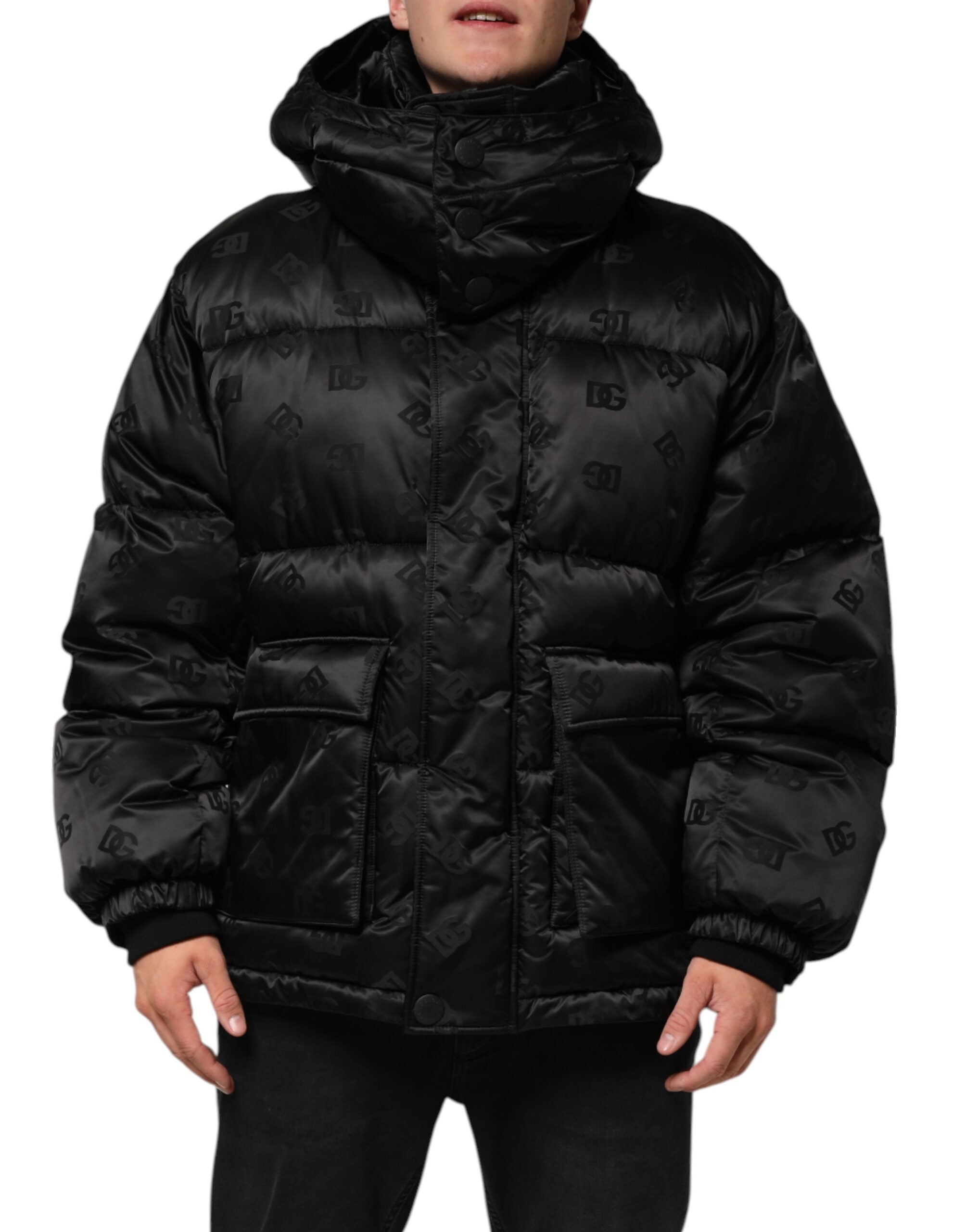 Dolce & Gabbana Schwarze Monogram Logo Puffer-Nylon-Kapuzenjacke