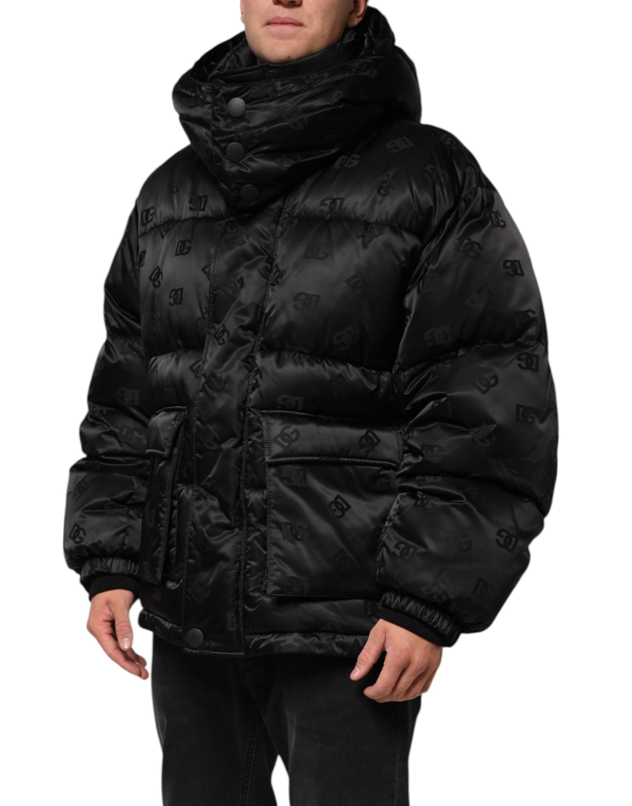 Dolce & Gabbana Schwarze Monogram Logo Puffer-Nylon-Kapuzenjacke
