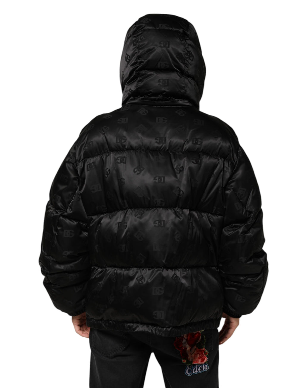 Dolce & Gabbana Schwarze Monogram Logo Puffer-Nylon-Kapuzenjacke