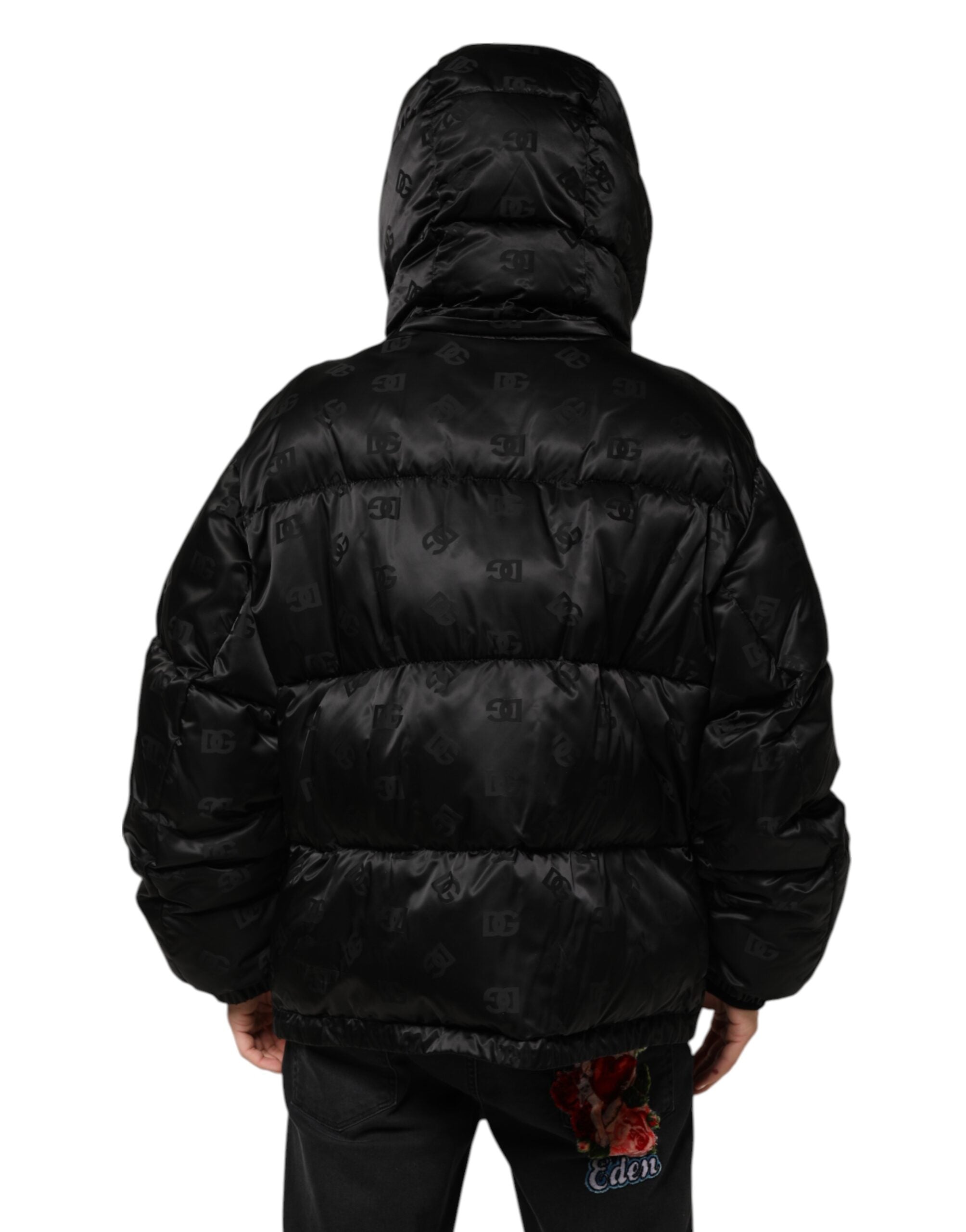 Dolce & Gabbana Schwarze Monogram Logo Puffer-Nylon-Kapuzenjacke
