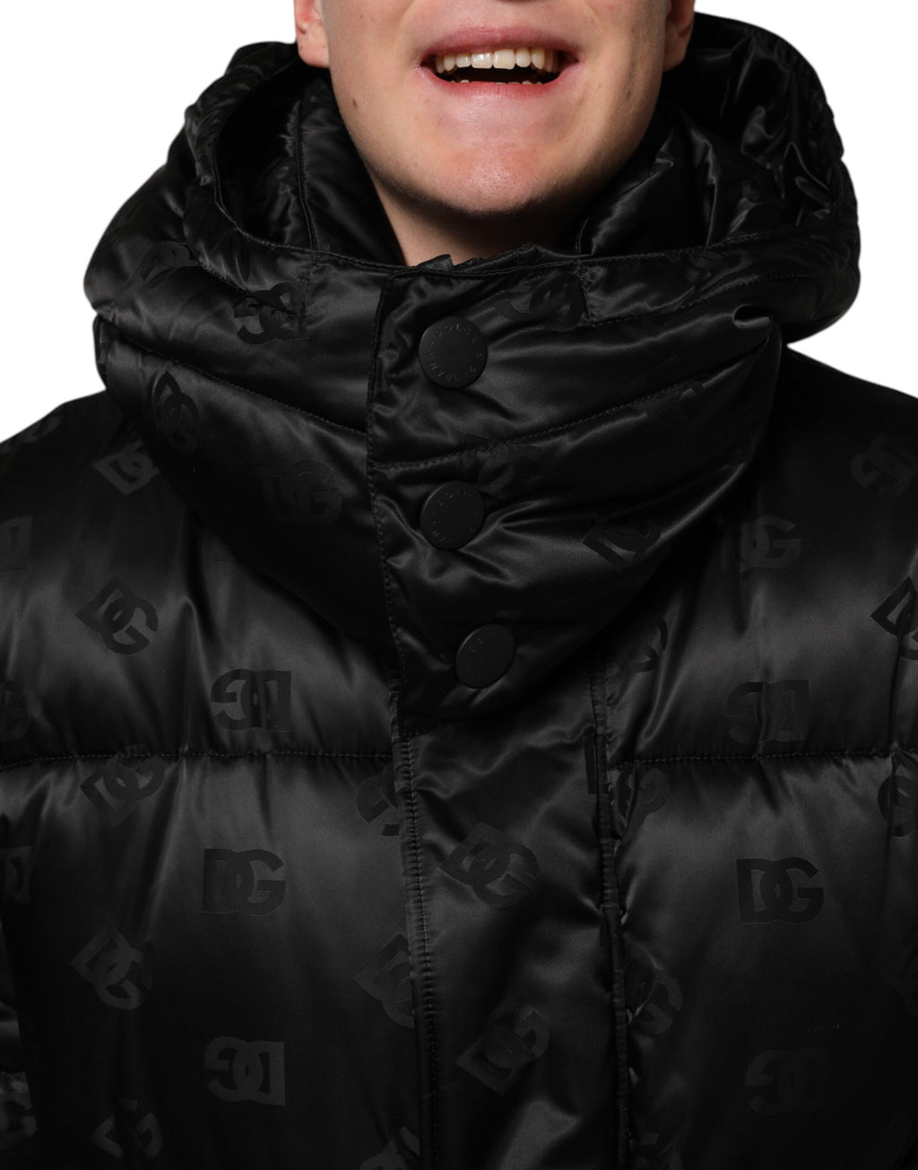 Dolce & Gabbana Schwarze Monogram Logo Puffer-Nylon-Kapuzenjacke