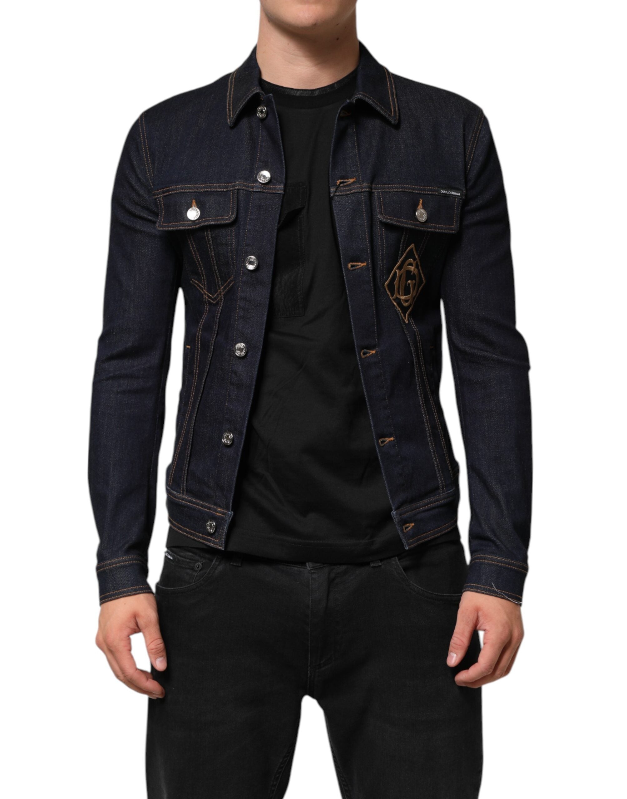 Dolce & Gabbana Indigoblaue Denim Slim Fit Logo Patch Jacke