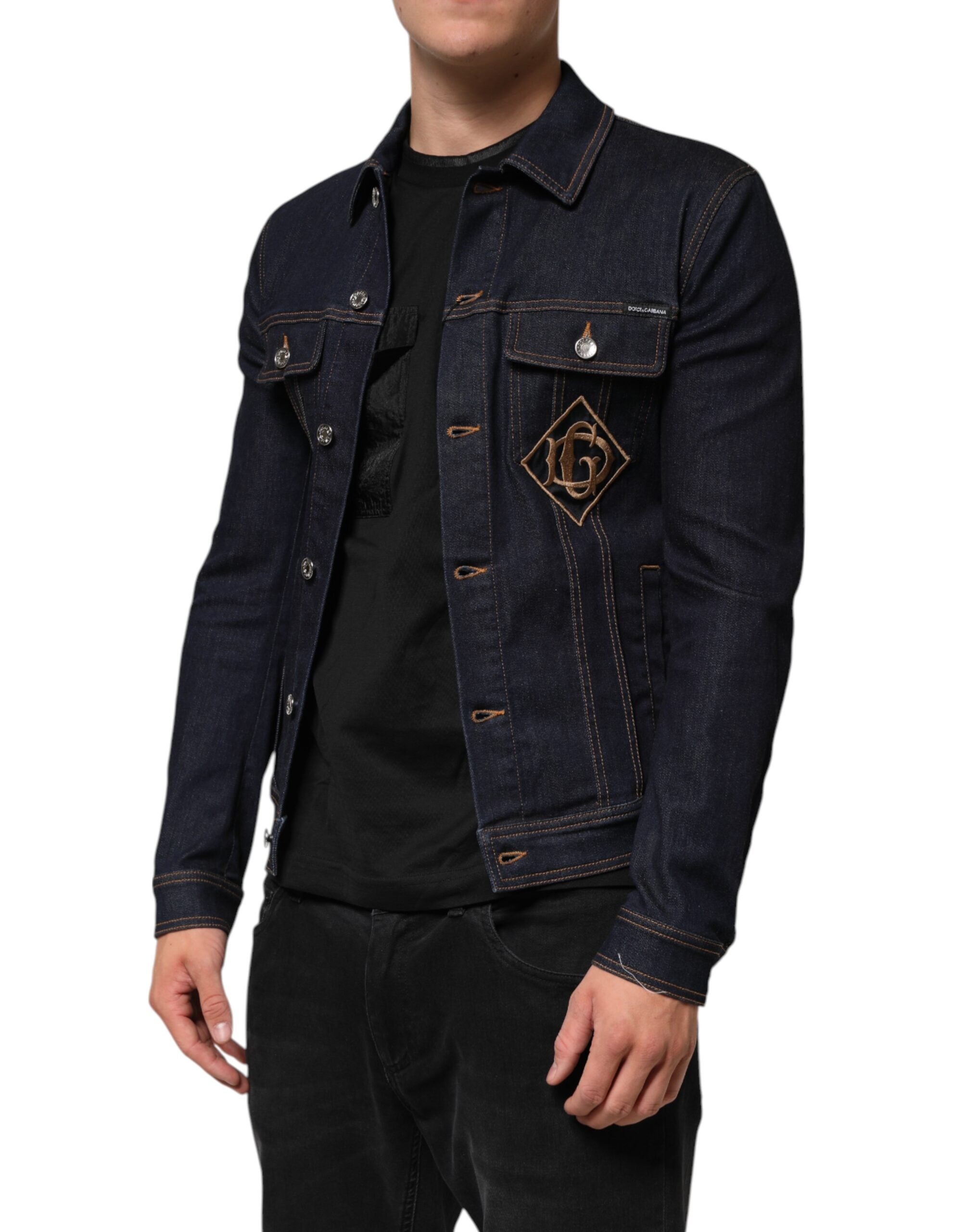 Dolce & Gabbana Indigoblaue Denim Slim Fit Logo Patch Jacke