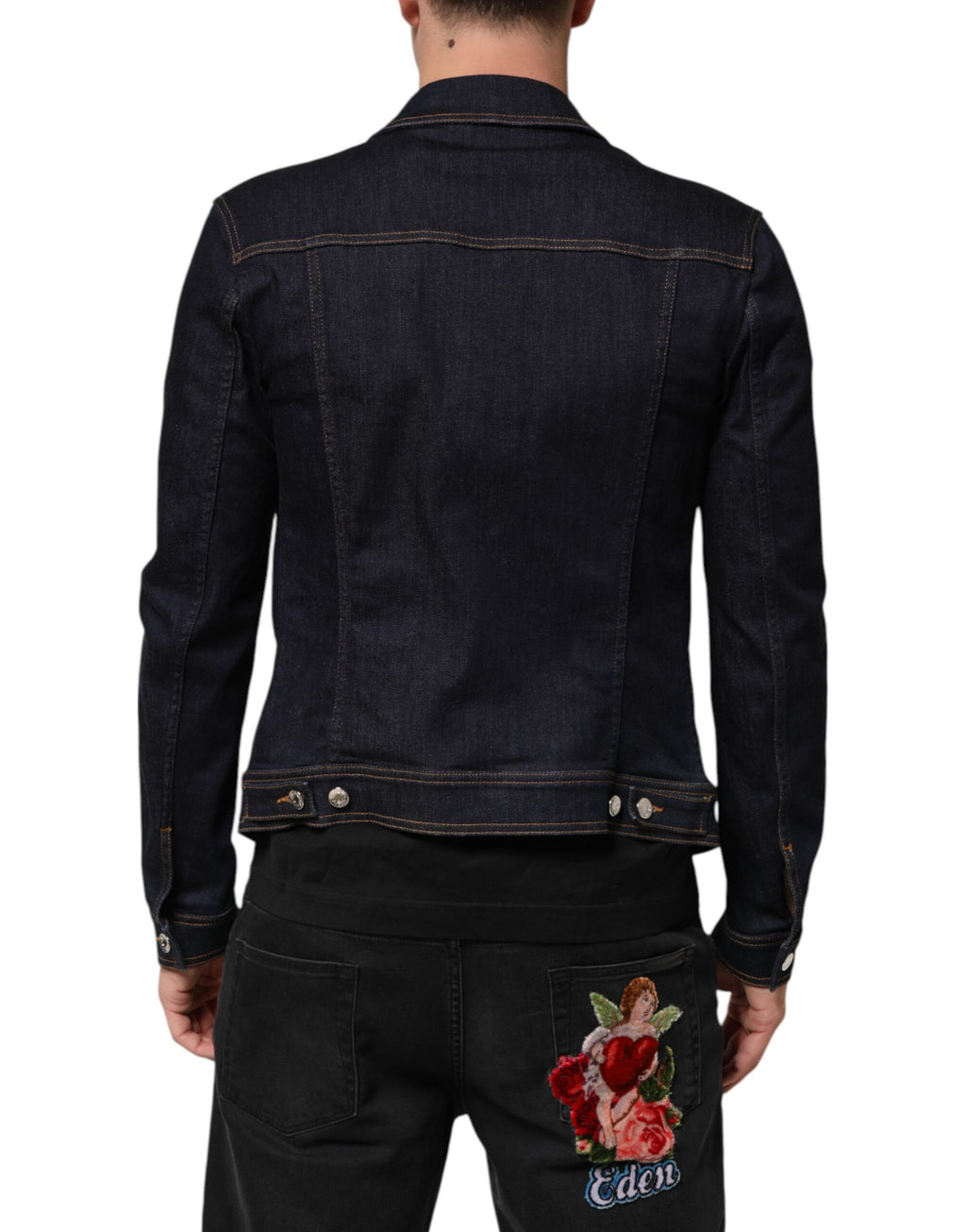 Dolce & Gabbana Indigoblaue Denim Slim Fit Logo Patch Jacke