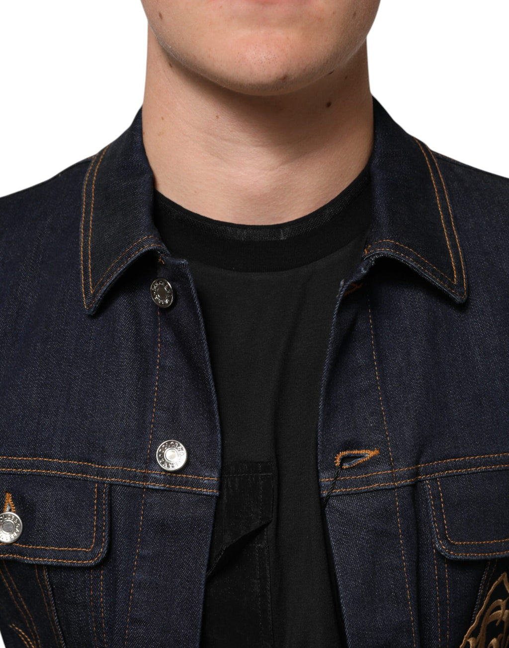 Dolce & Gabbana Indigoblaue Denim Slim Fit Logo Patch Jacke