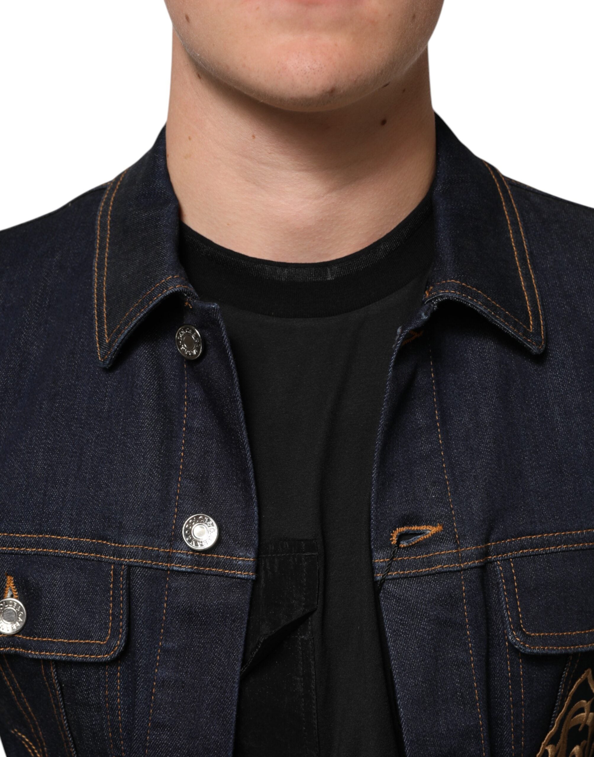 Dolce & Gabbana Indigoblaue Denim Slim Fit Logo Patch Jacke