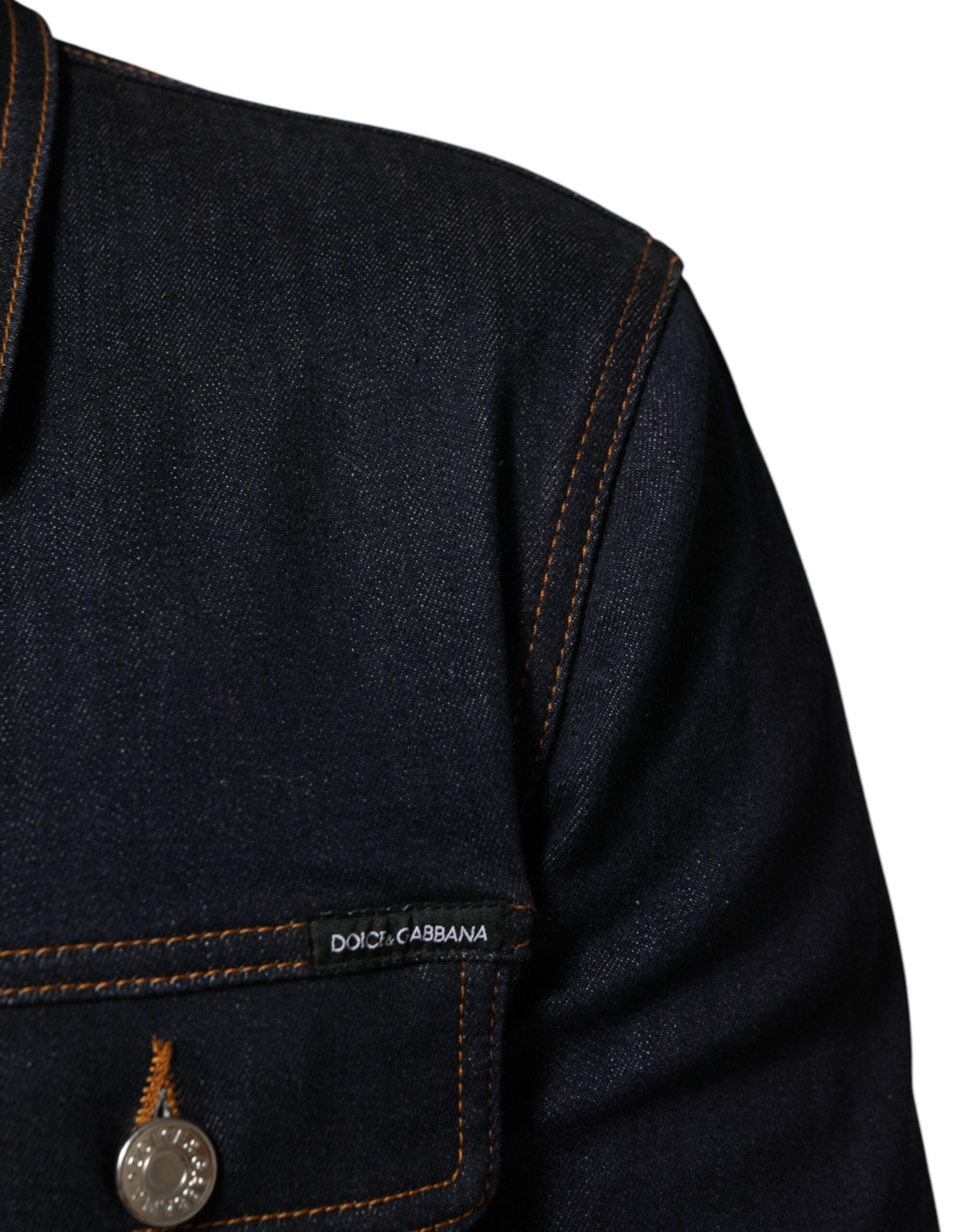 Dolce & Gabbana Indigoblaue Denim Slim Fit Logo Patch Jacke