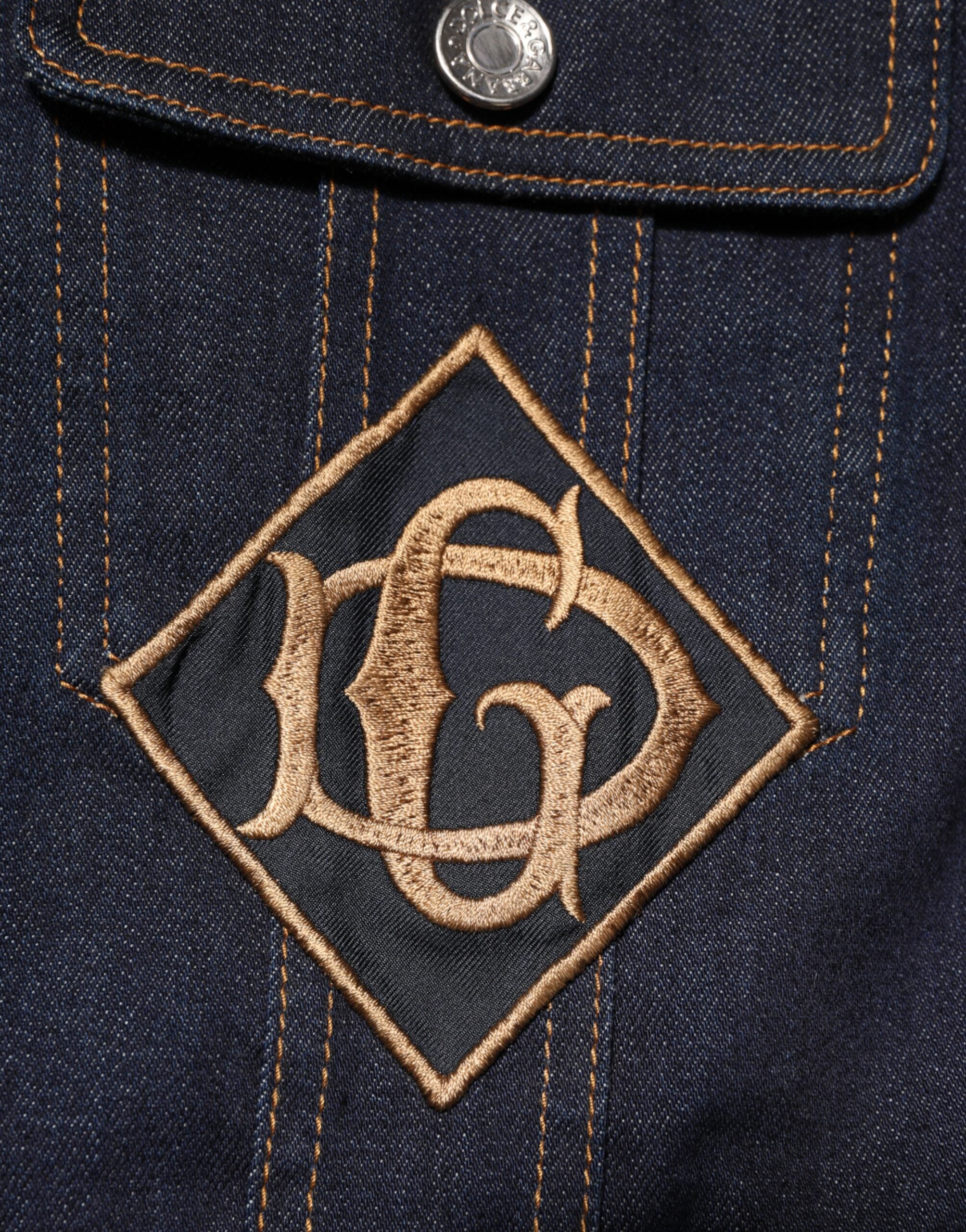 Dolce & Gabbana Indigoblaue Denim Slim Fit Logo Patch Jacke