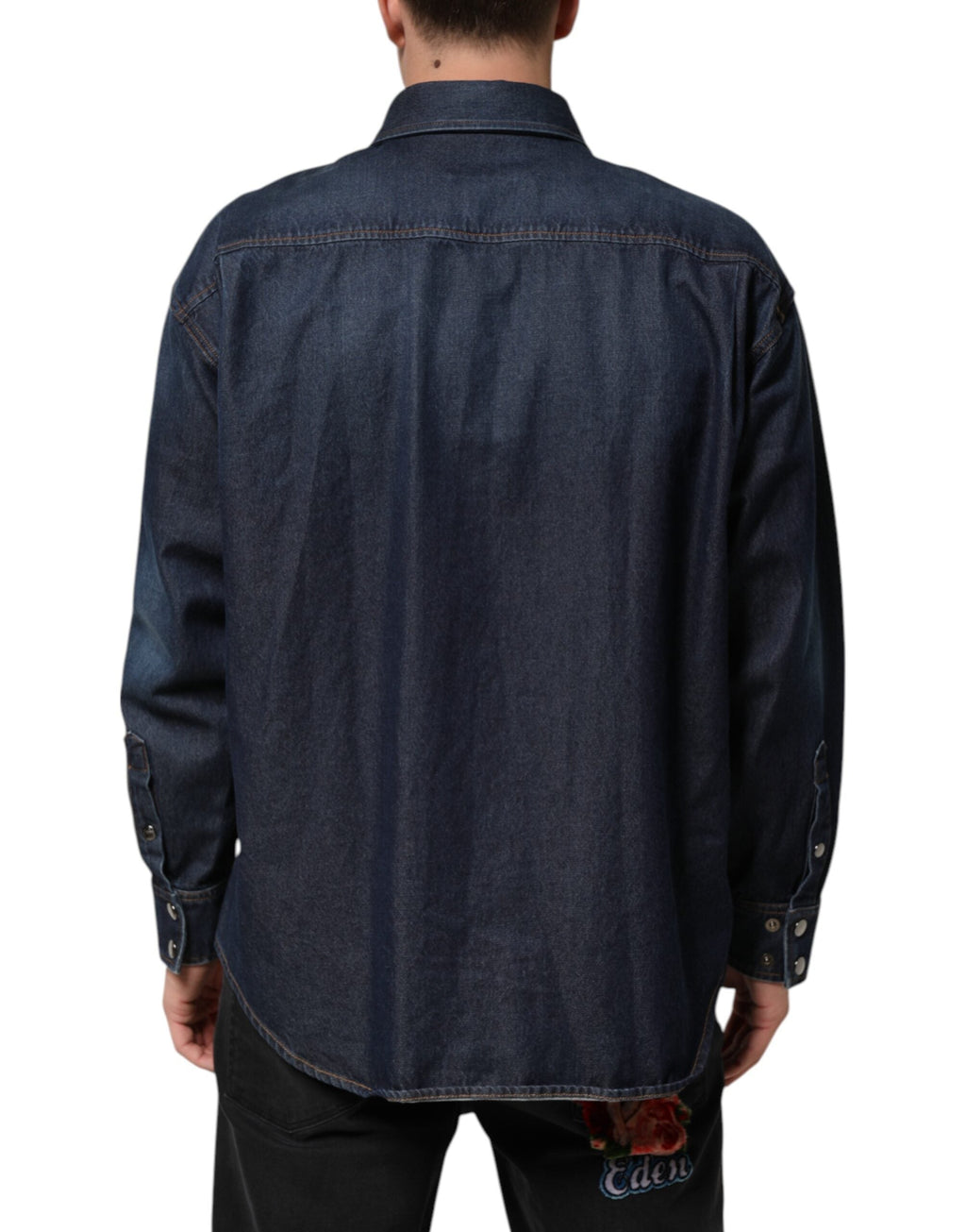 Dolce & Gabbana Blaues Denim Knopf lässig Logo Patch Männer Hemd
