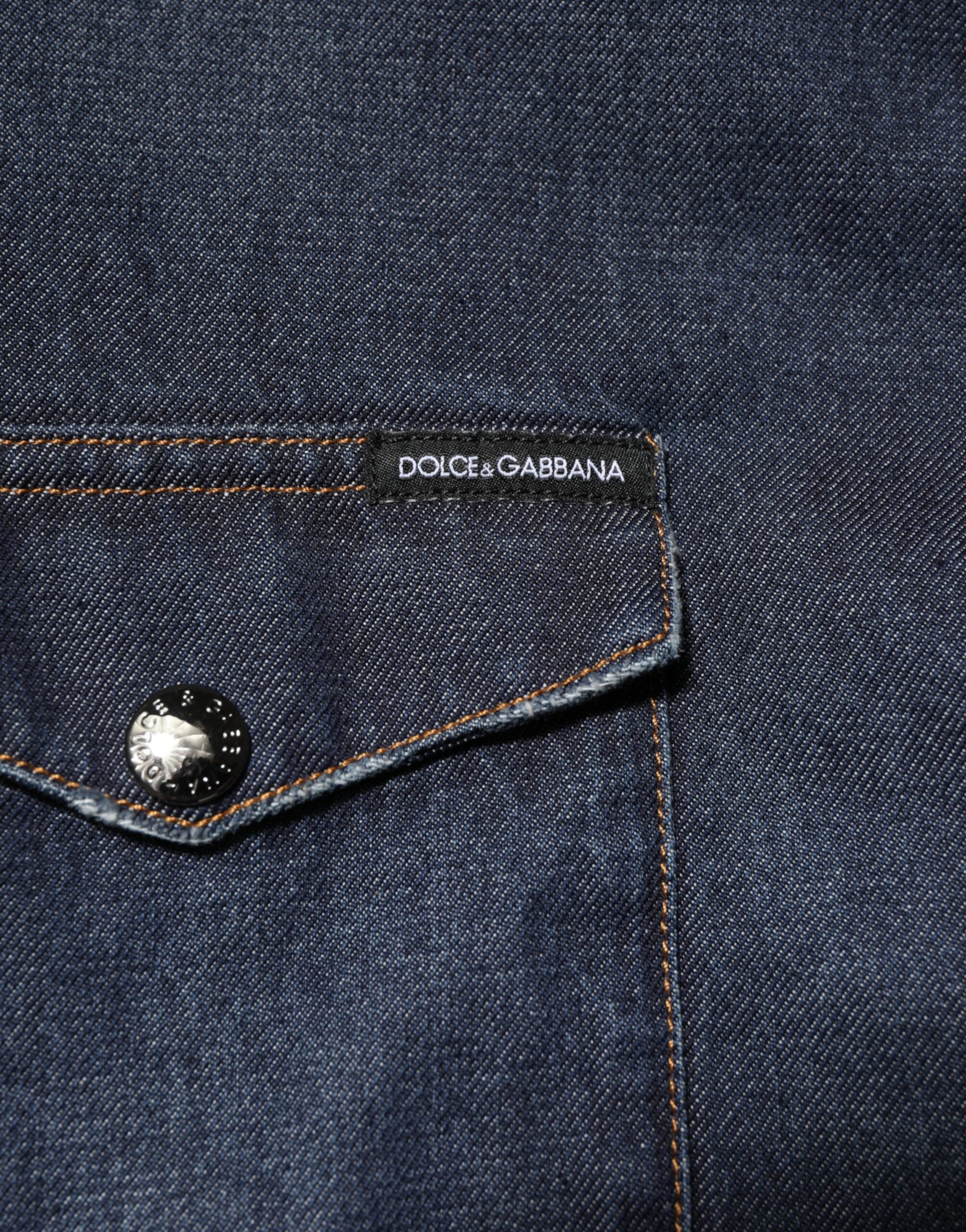 Dolce & Gabbana Blaues Denim Knopf lässig Logo Patch Männer Hemd