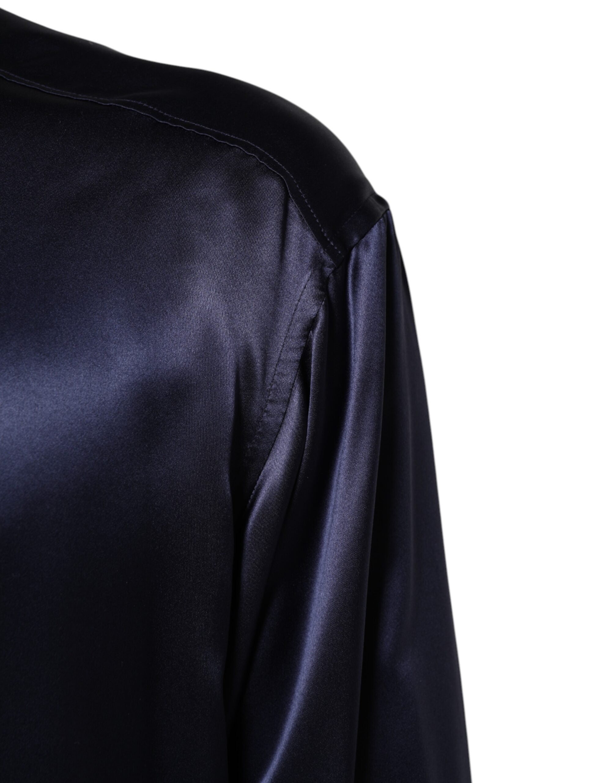 Dolce & Gabbana Marineblaues Seidenhemd mit langen Ärmeln und Mandarinenkragen