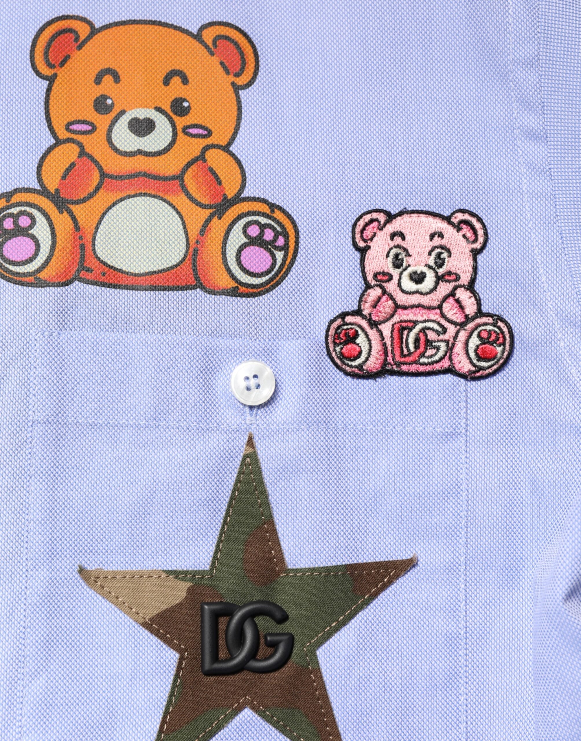 Dolce & Gabbana Hellblaues Baumwoll-Teddybär-Langarmhemd